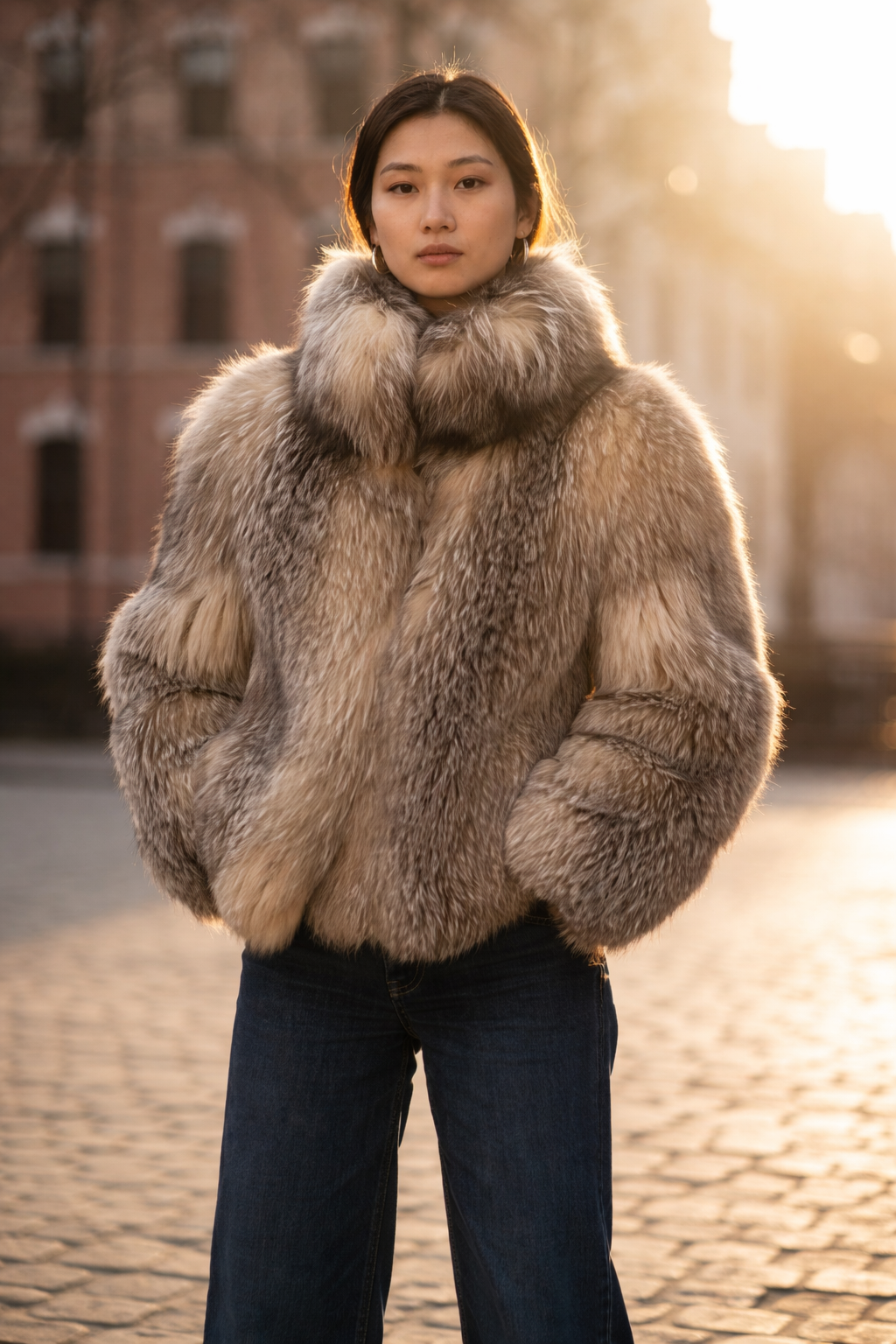 Person wearing a fur coat standing outdoors with a blurred background
