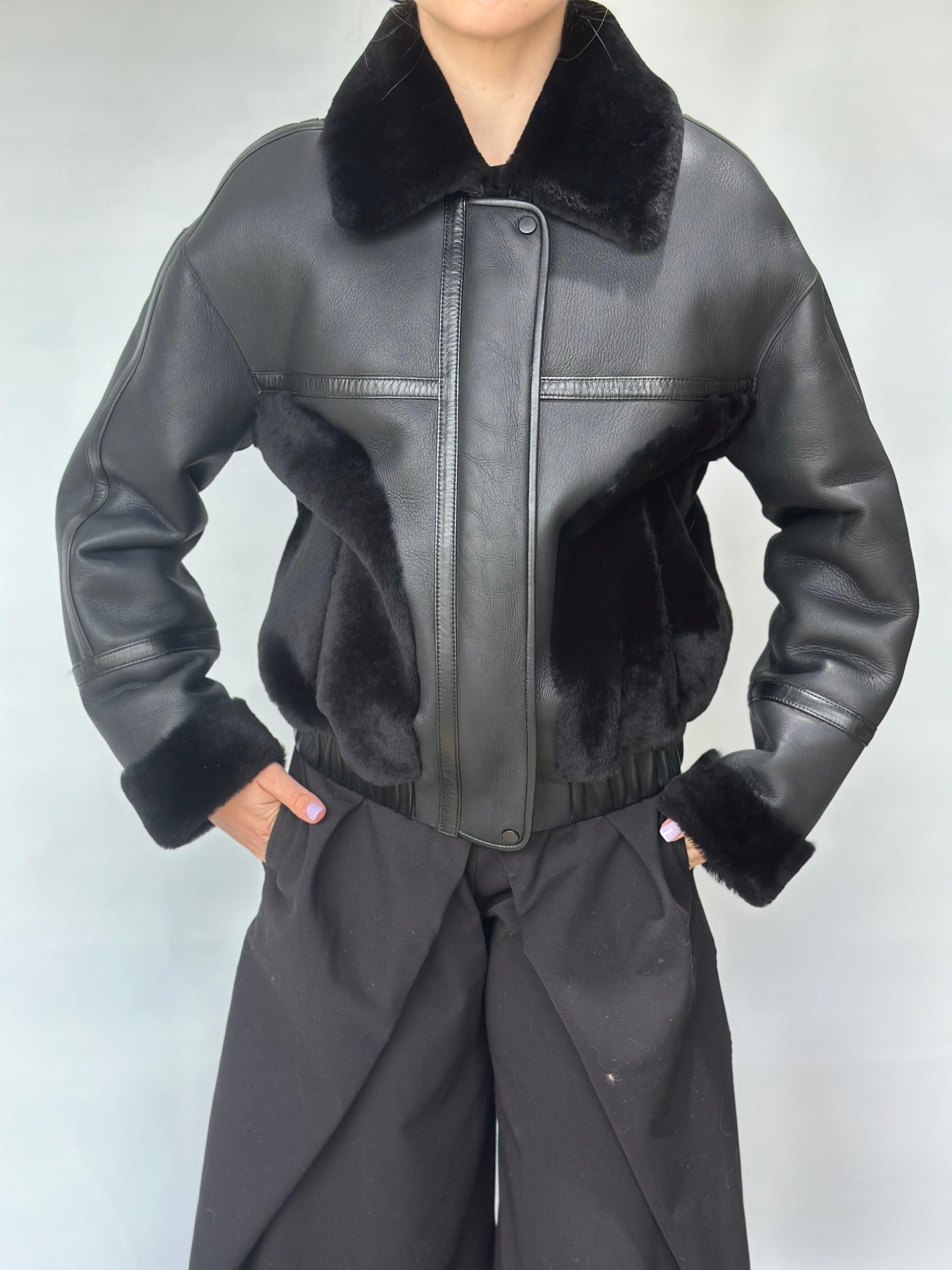 Black Sheepskin Short Jacket with Fur Collar and Cuffs