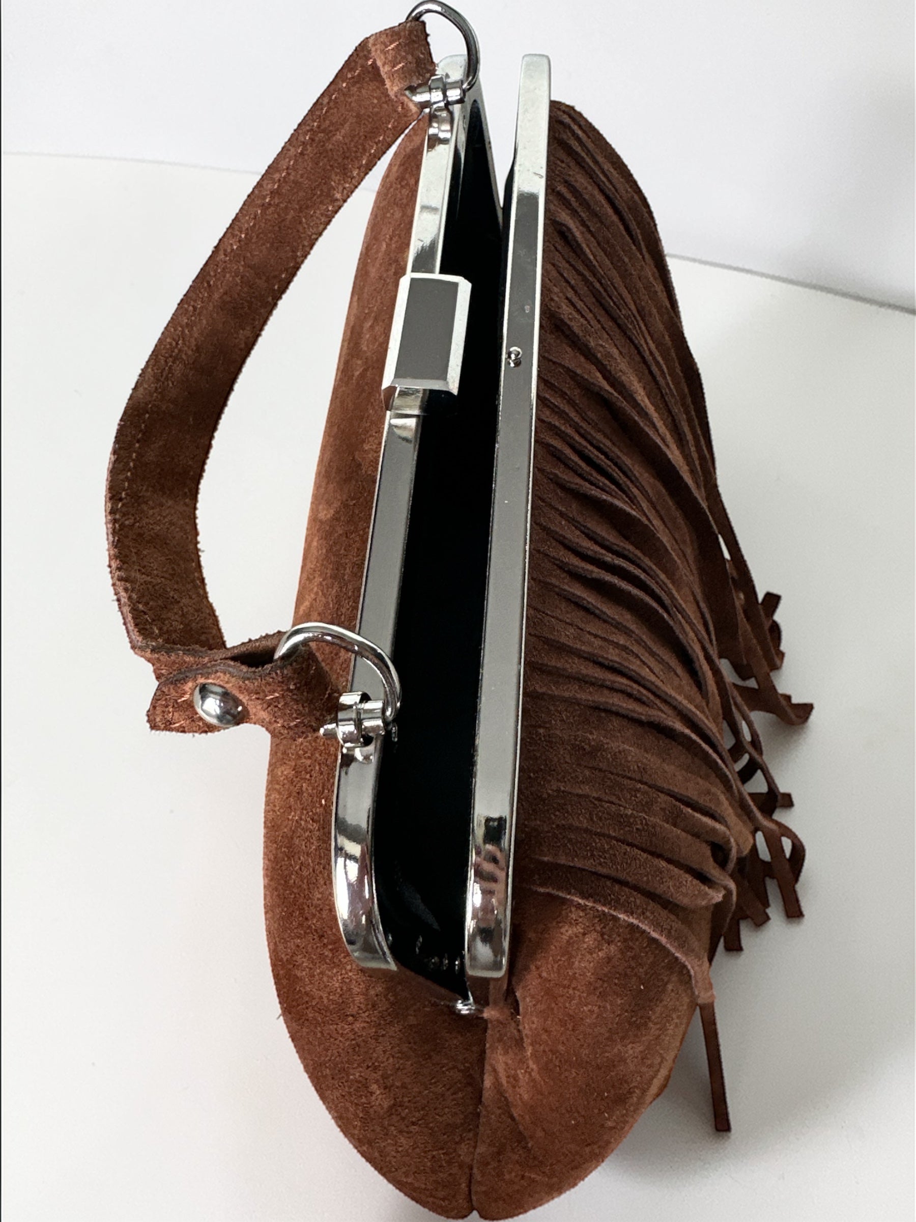 Brown Suede Fringe Clutch