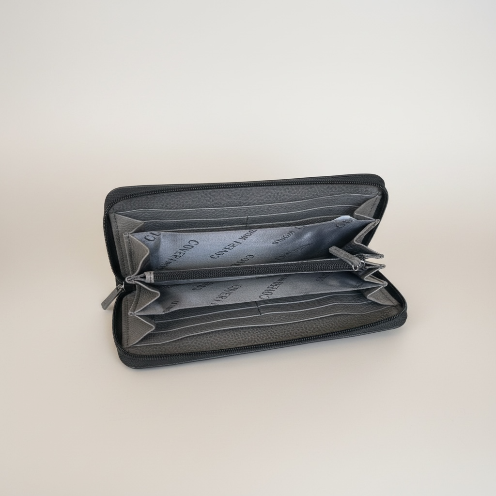 Grey Leather Zip Around Wallet