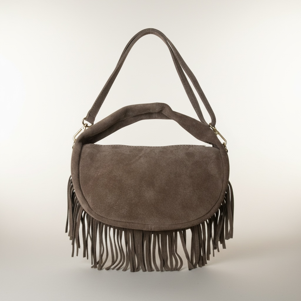 Grey Suede Fringe Shoulder Bag