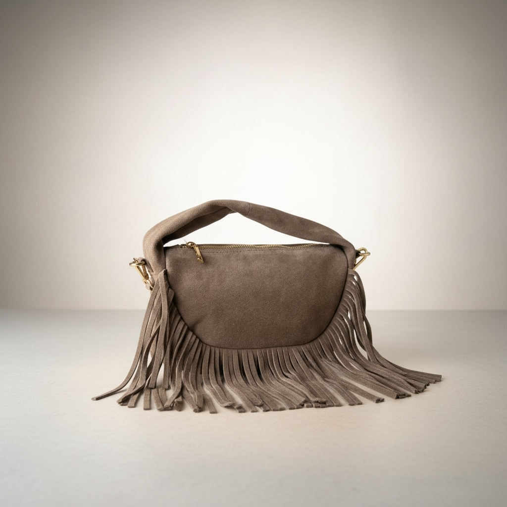 Grey Suede Fringe Shoulder Bag
