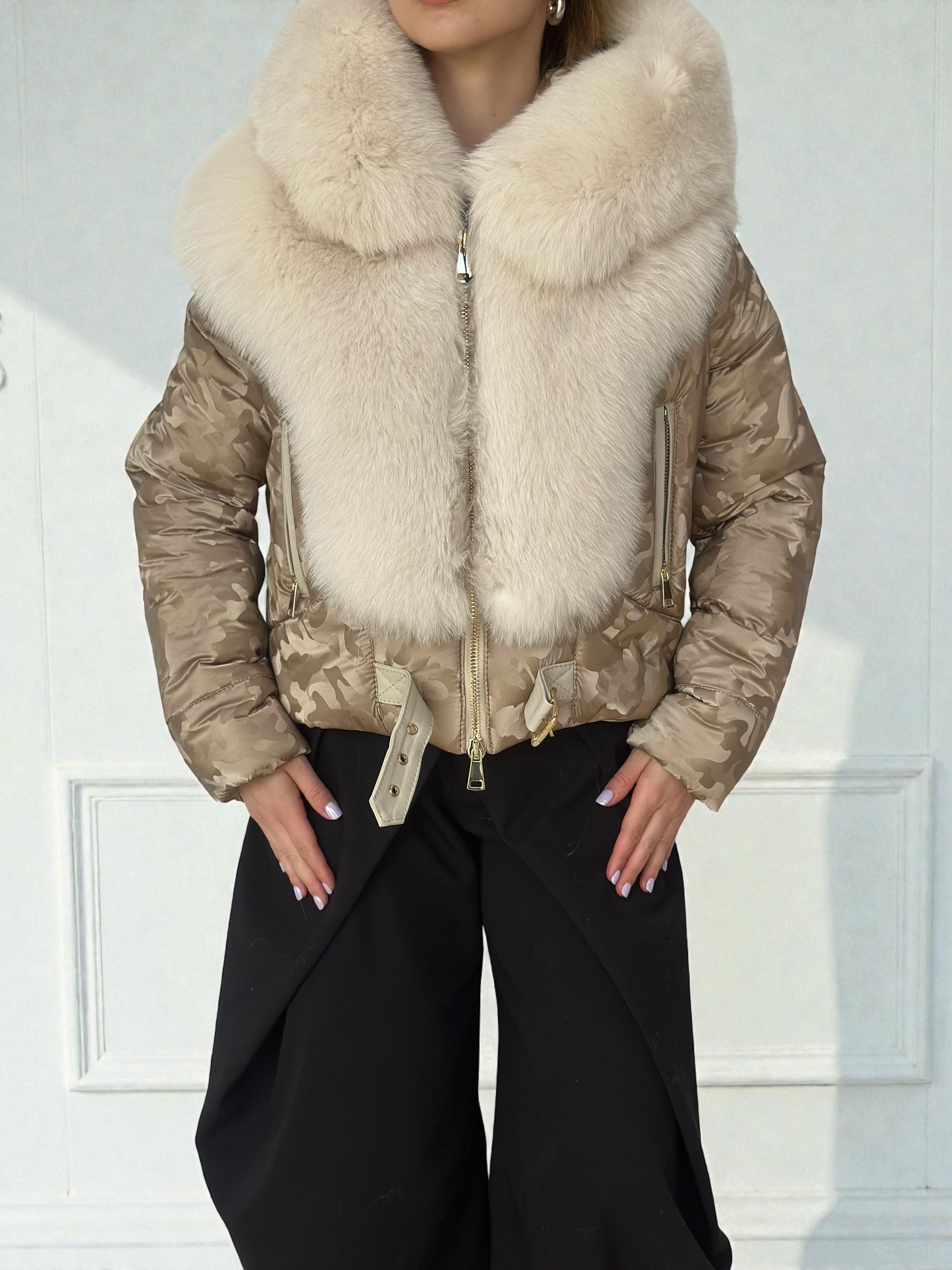 Beige Camo Puffer Jacket Fur Hood