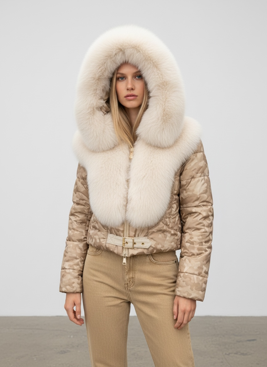 Beige Camo Puffer Jacket Fur Hood