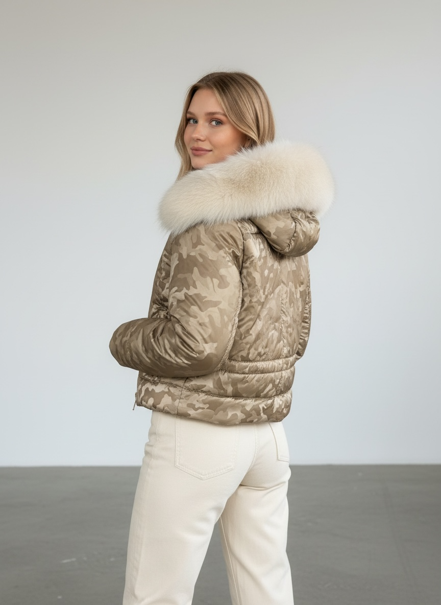 Beige Camo Puffer Jacket Fur Hood