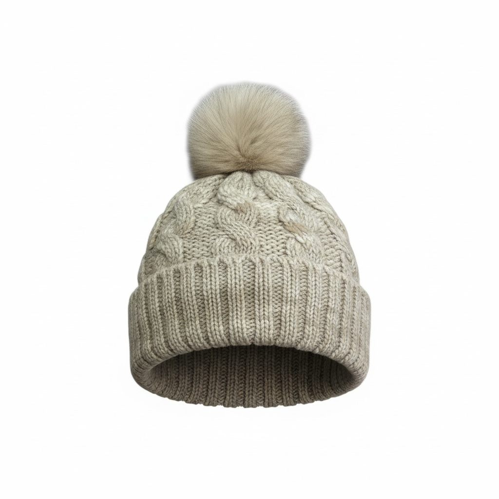 Beige Knitted Beanie with Natural Fox Fur Pompom