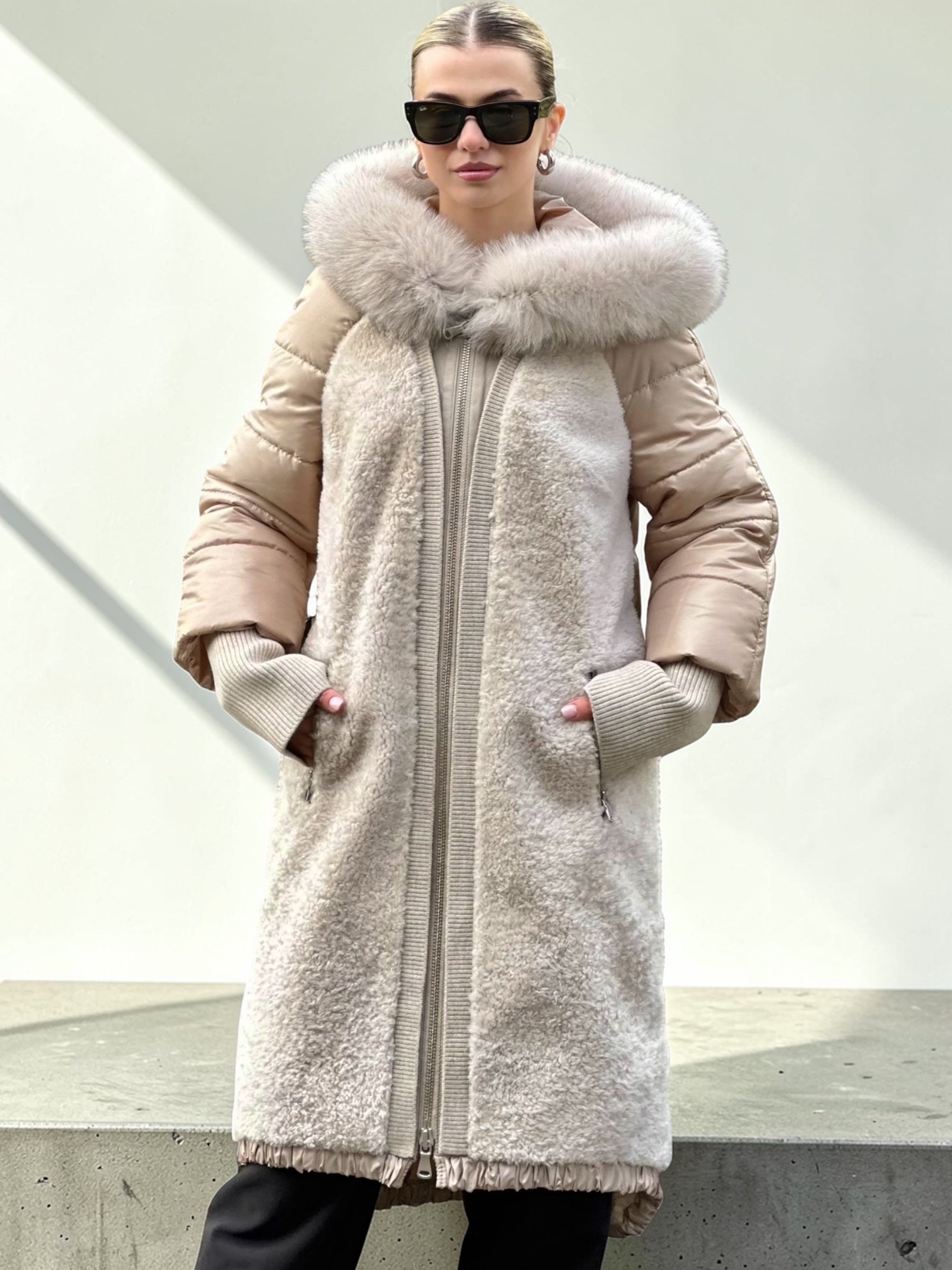 Beige Mouton Coat with Fur Hood