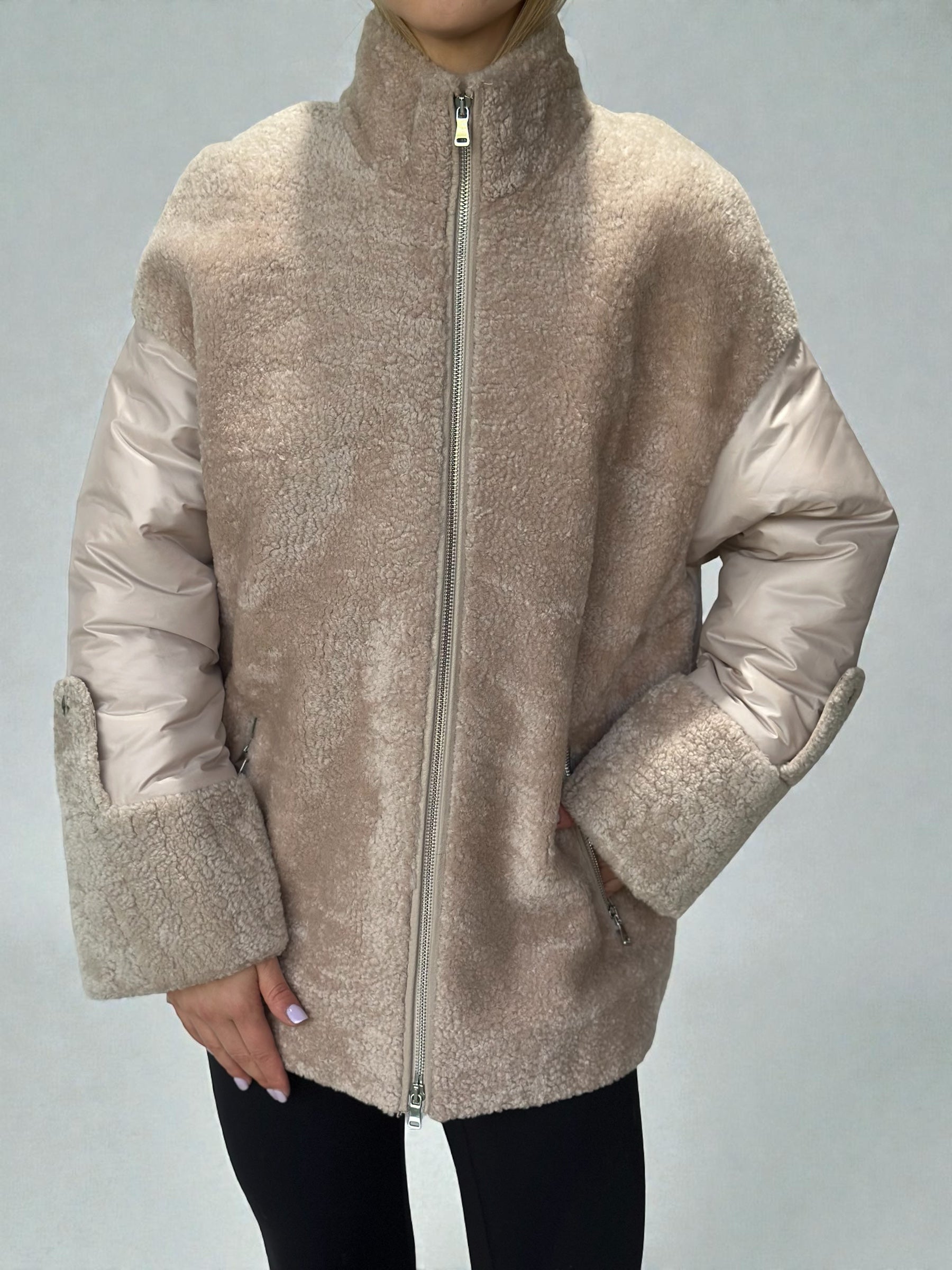 Beige Sheepskin Puffer Jacket Mixed Media