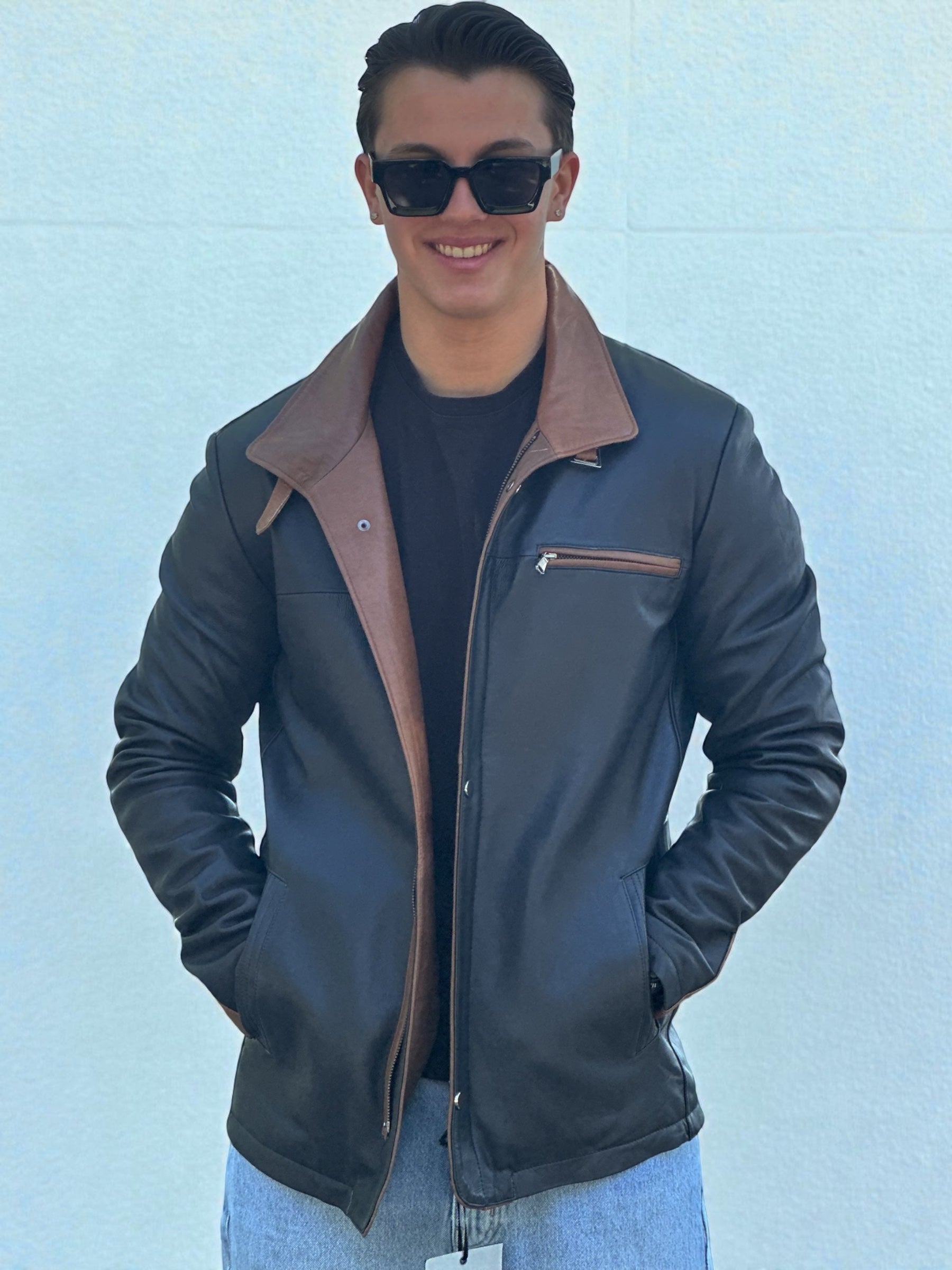 Navy Blue And Brown Two-Tone Leather Jacket