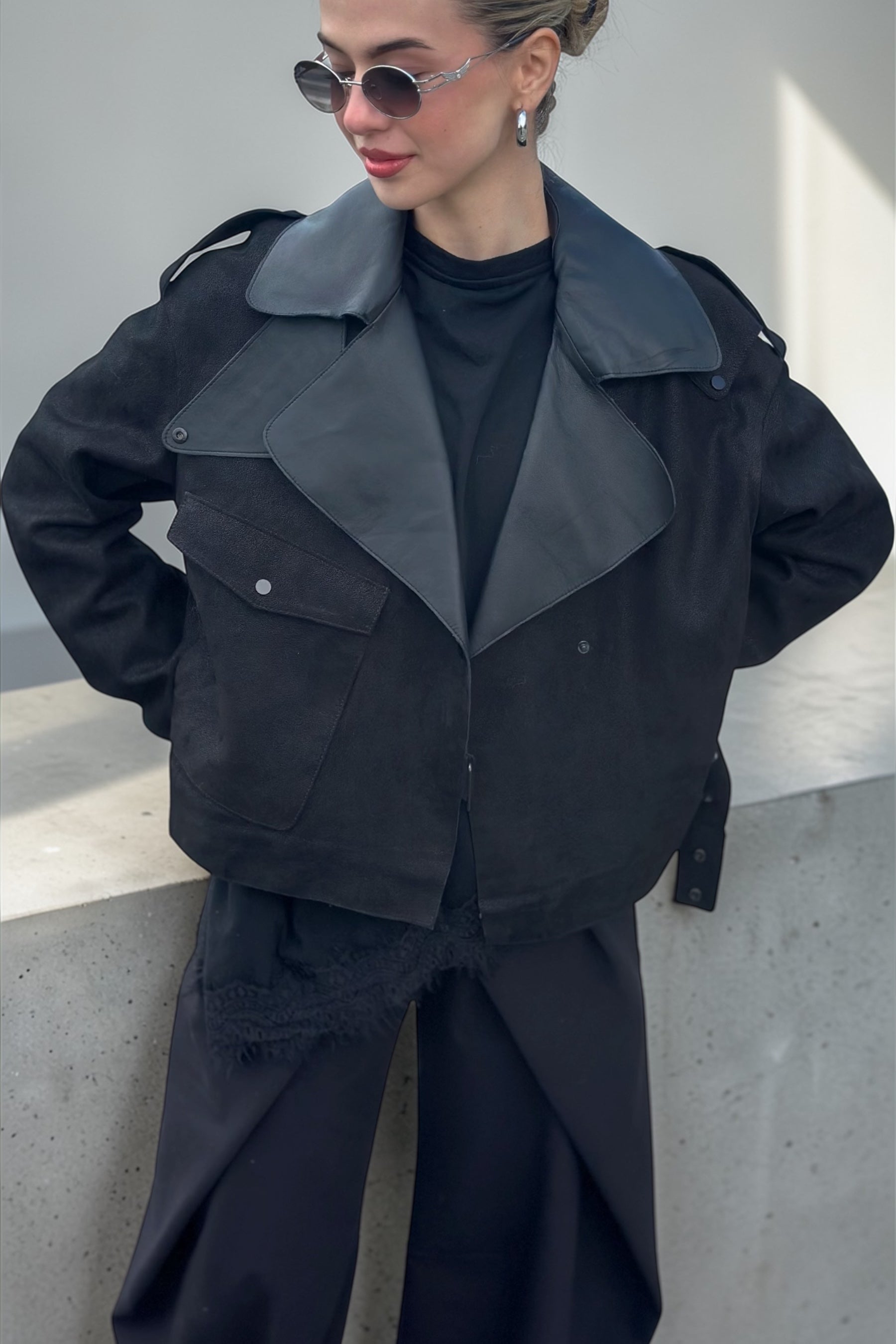 Black Contrast Lapel Leather Jacket