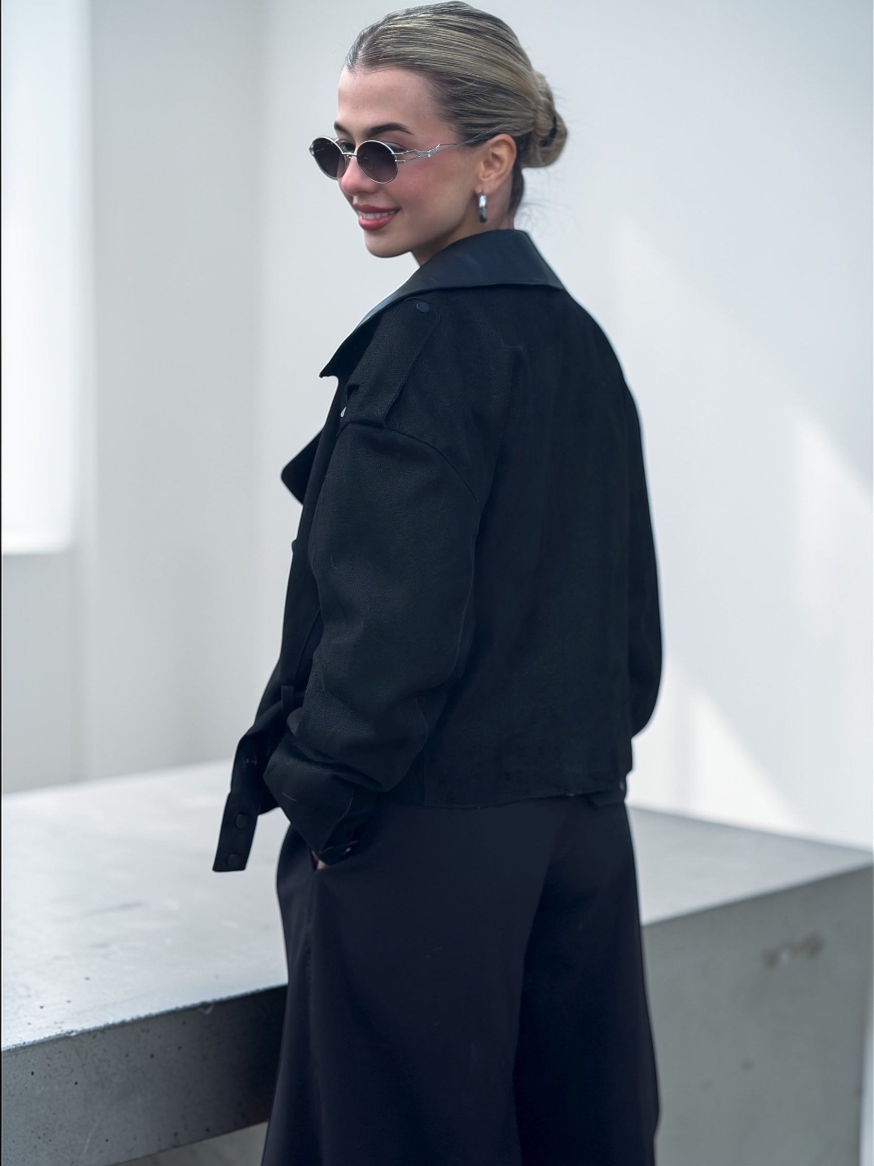 Black Contrast Lapel Leather Jacket