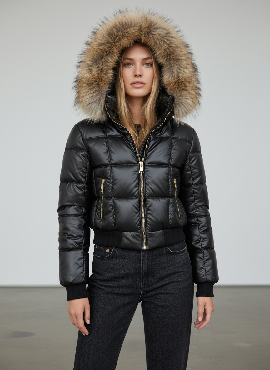 Black Cropped Puffer Jacket Fur Hood