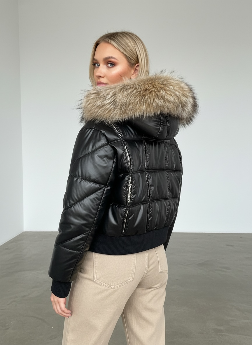 Black Cropped Puffer Jacket Fur Hood