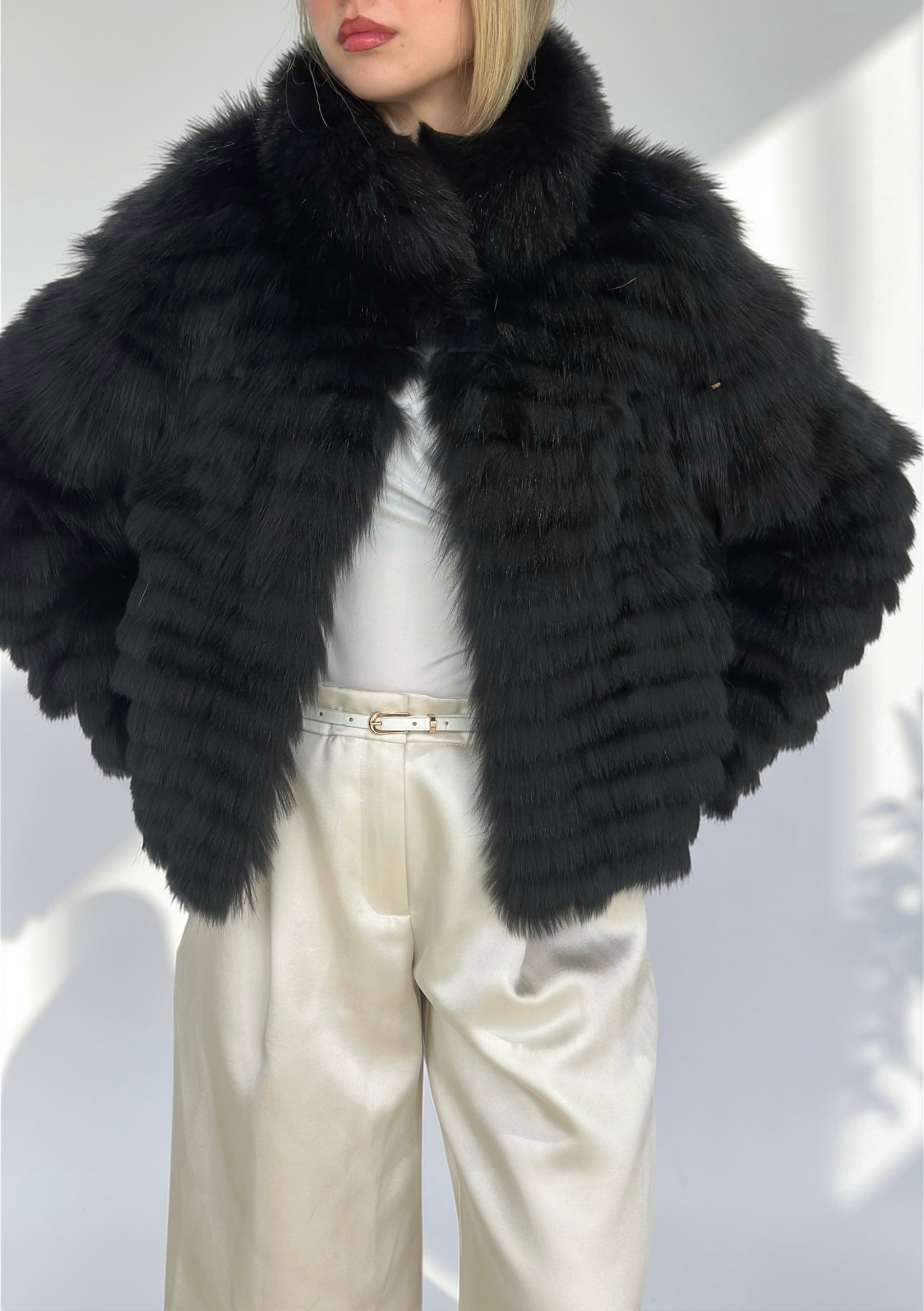 Black Fox Fur Horizontal Stripe Jacket