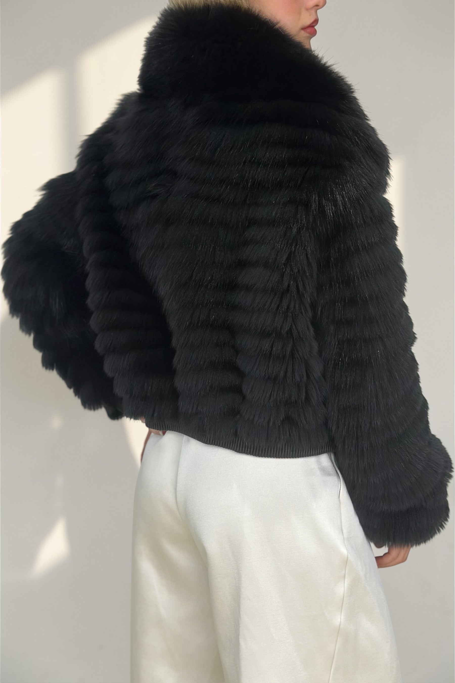 Black Fox Fur Horizontal Stripe Jacket