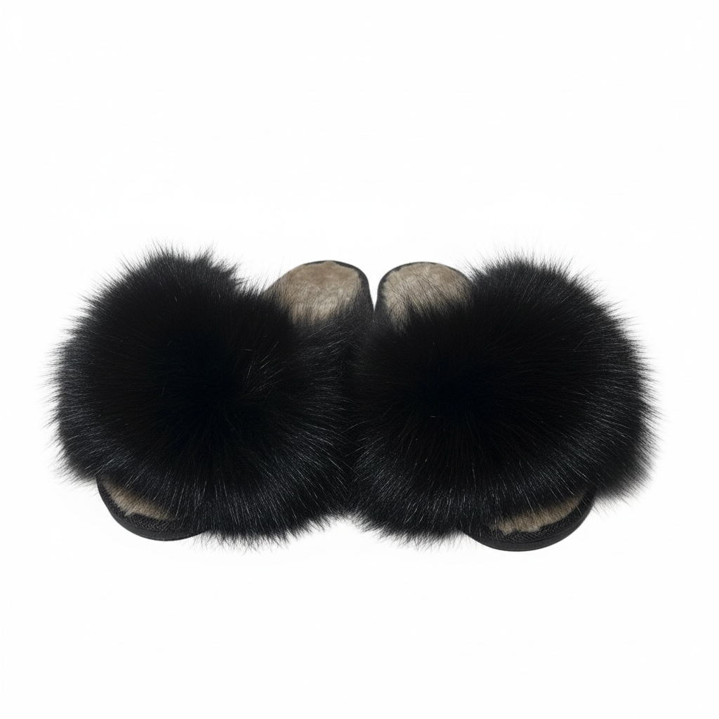 Black Fox Fur Slippers