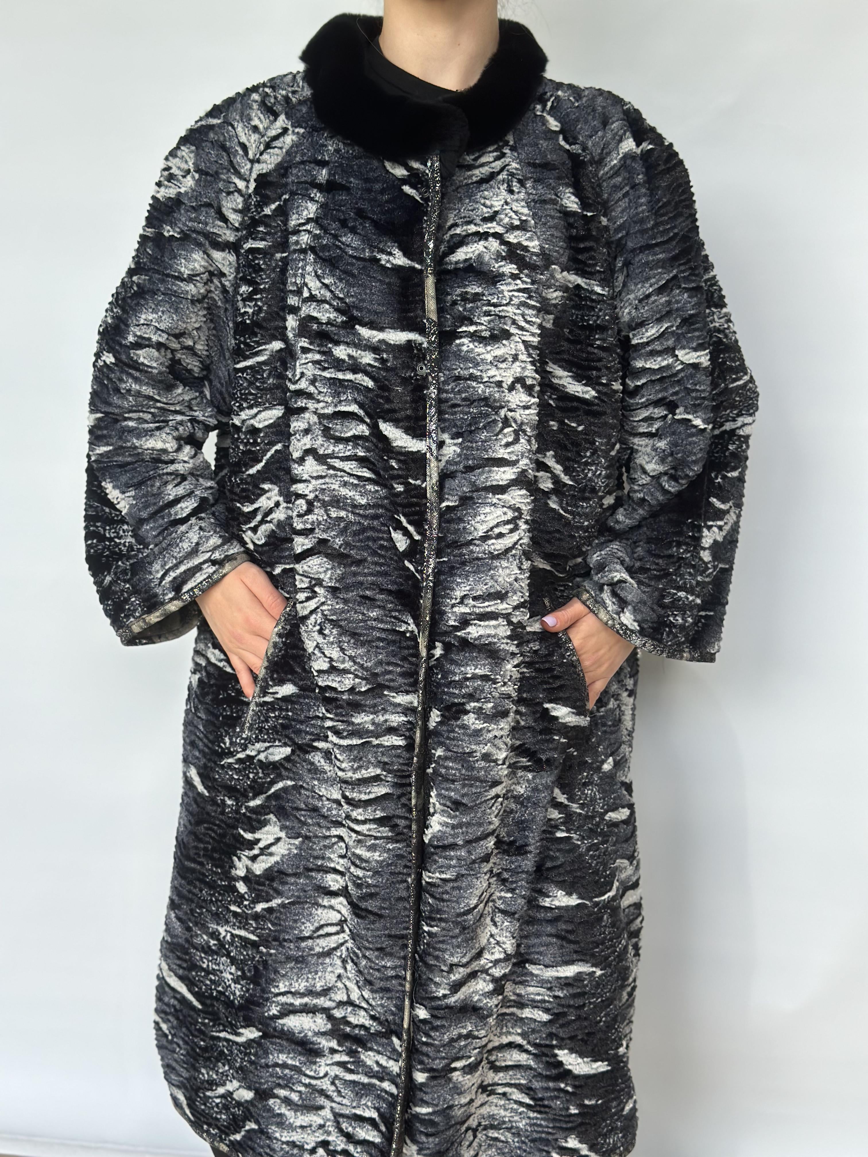 Black Grey Trimmed Rex Rabbit Coat