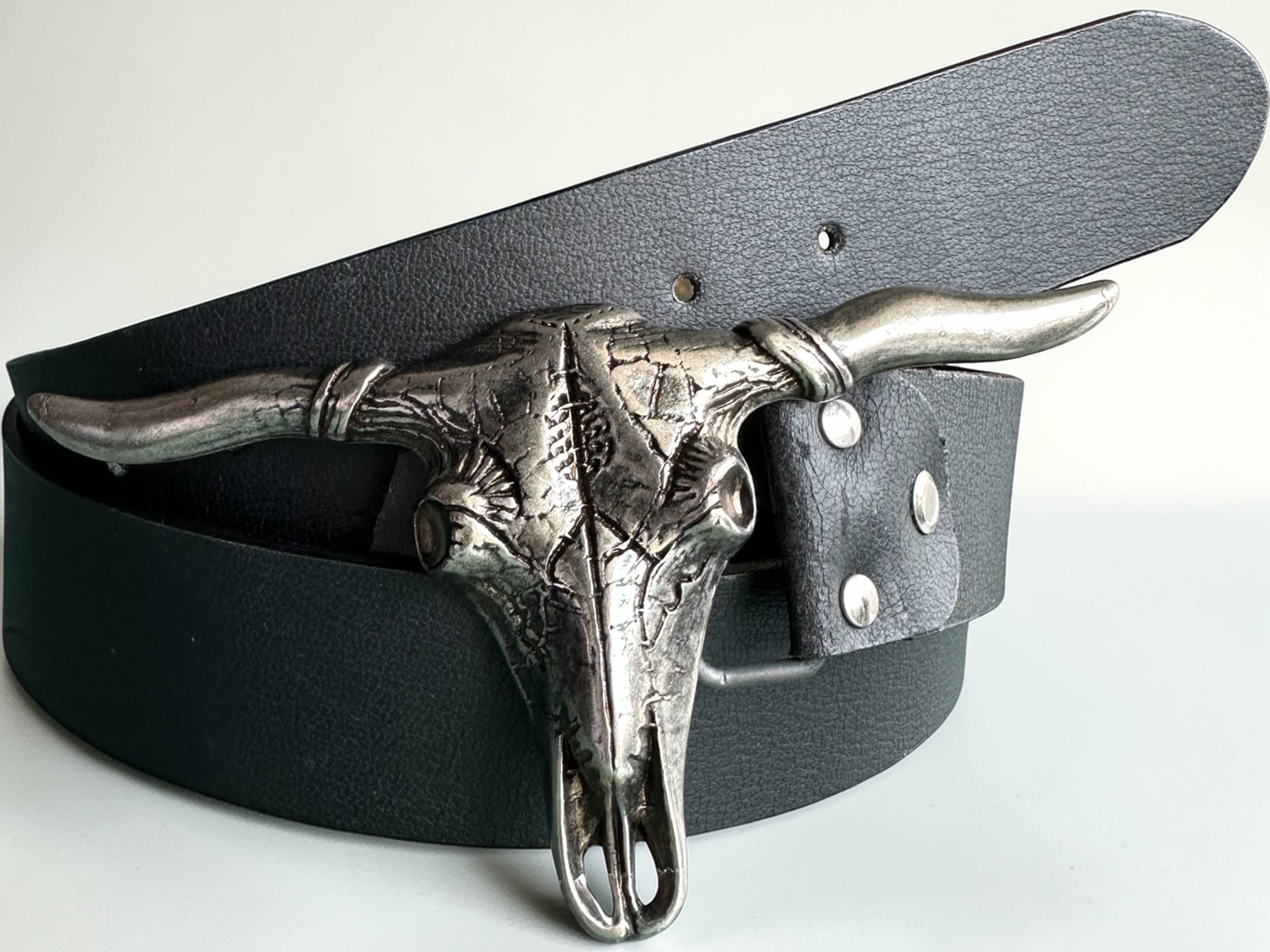 Black Leather Belt with Decorative Buckle