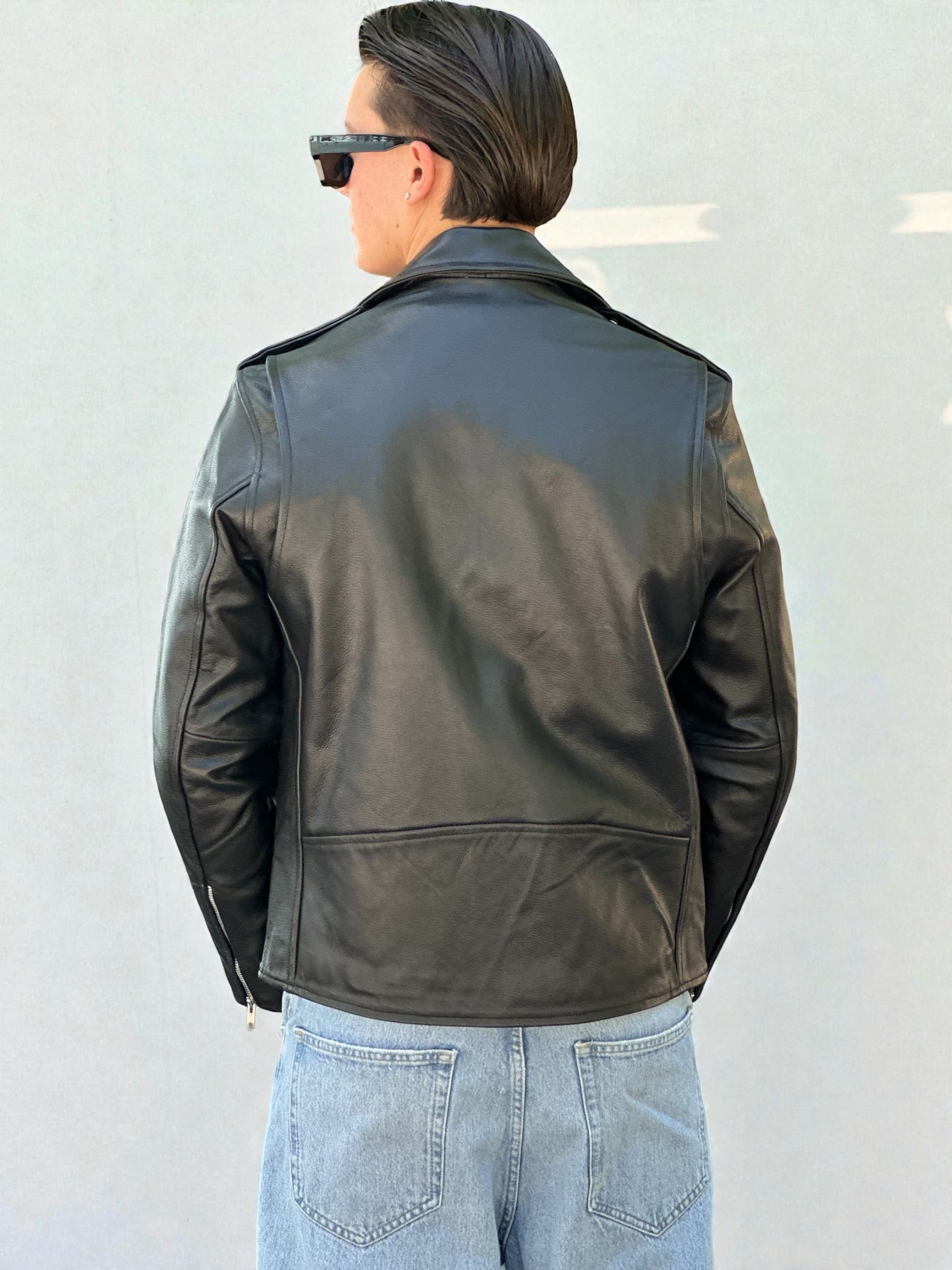 Black Leather Biker Jacket Belted Waist