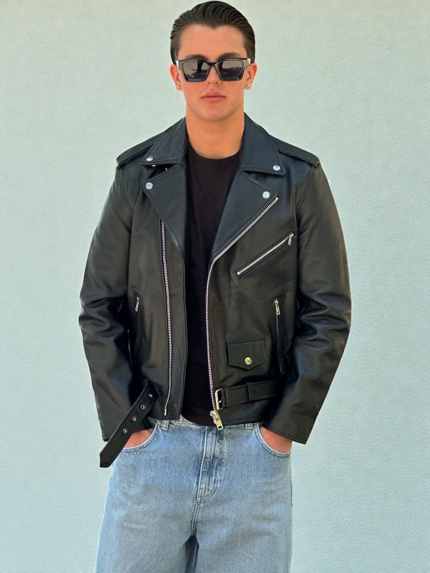 Black Leather Biker Jacket Belted Waist