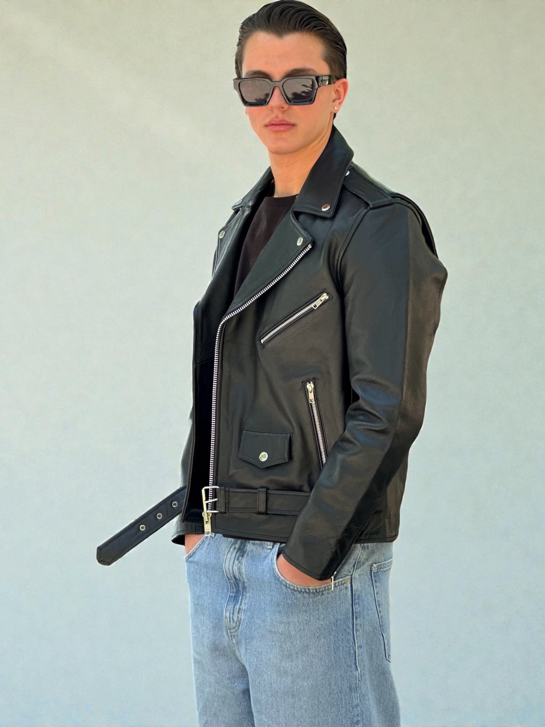 Black Leather Biker Jacket Belted Waist