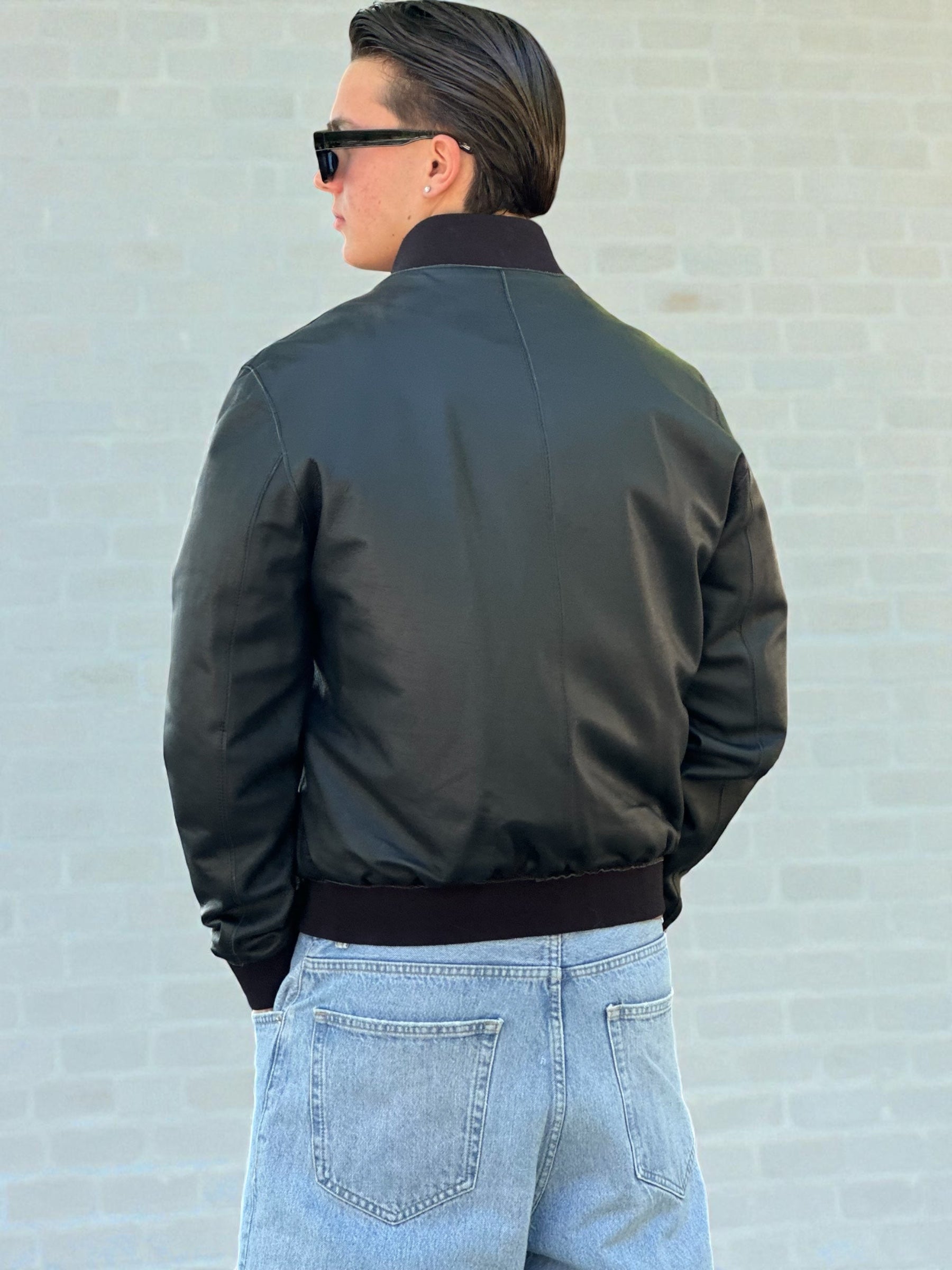 Black Leather Bomber Jacket Ribbed Trim