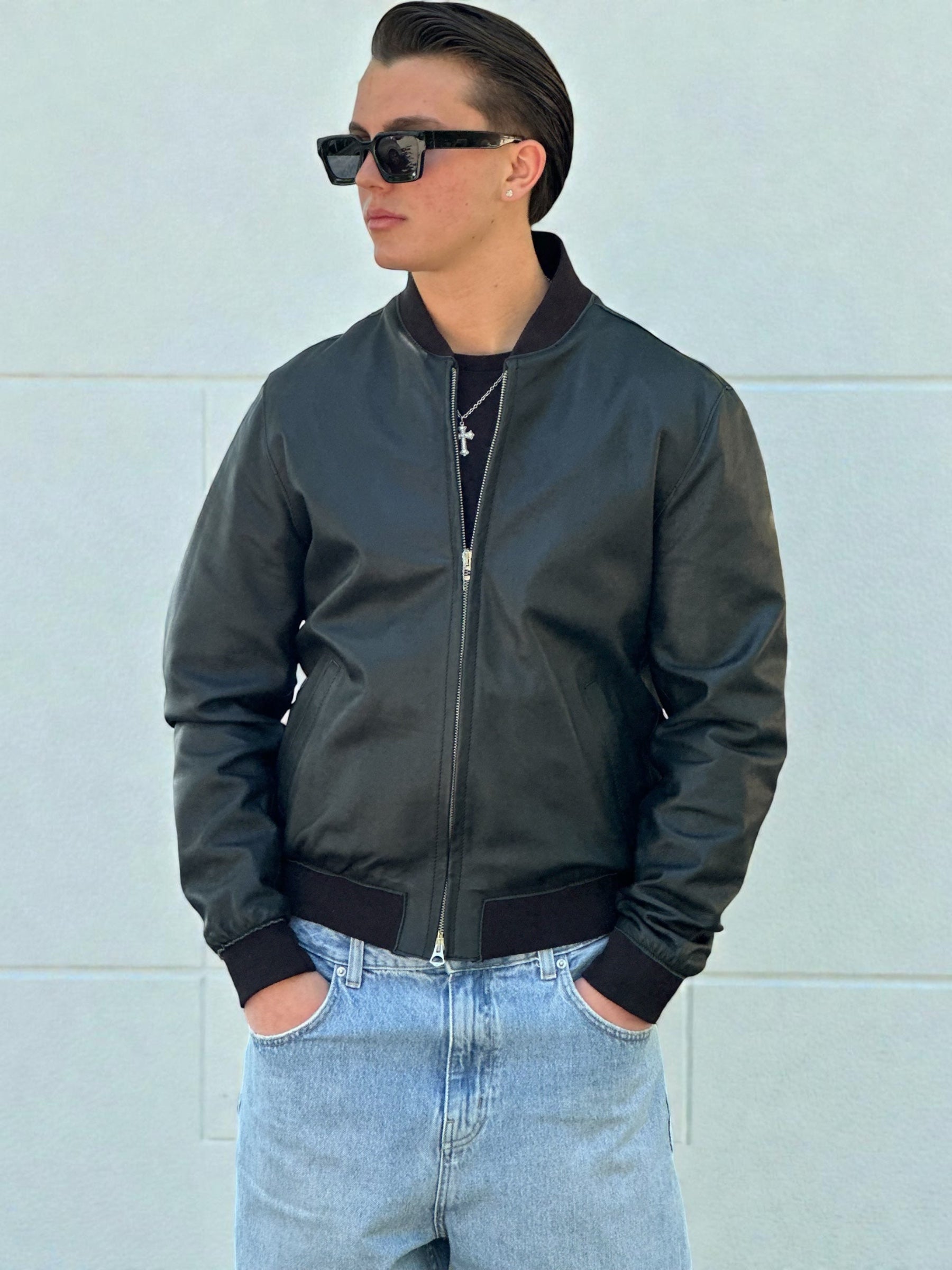 Black Leather Bomber Jacket Ribbed Trim