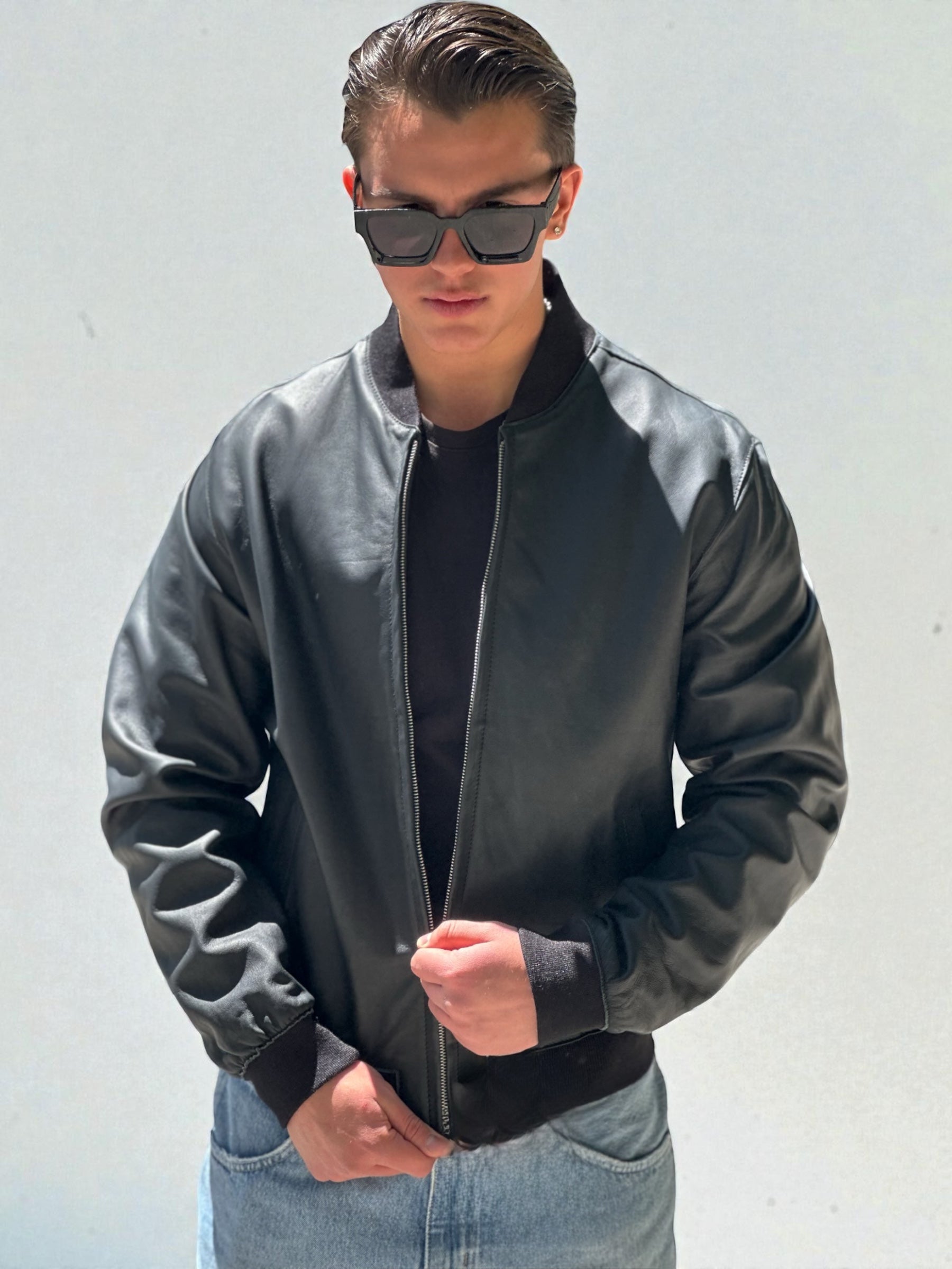 Black Leather Bomber Jacket Ribbed Trim