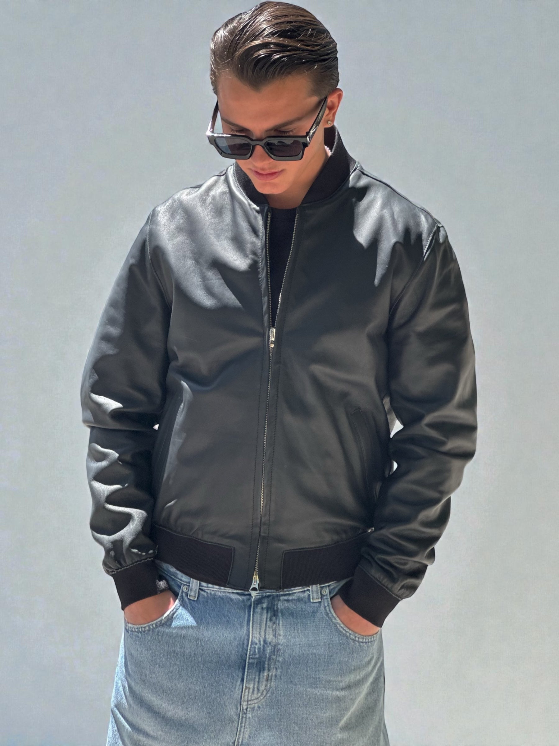 Black Leather Bomber Jacket Ribbed Trim