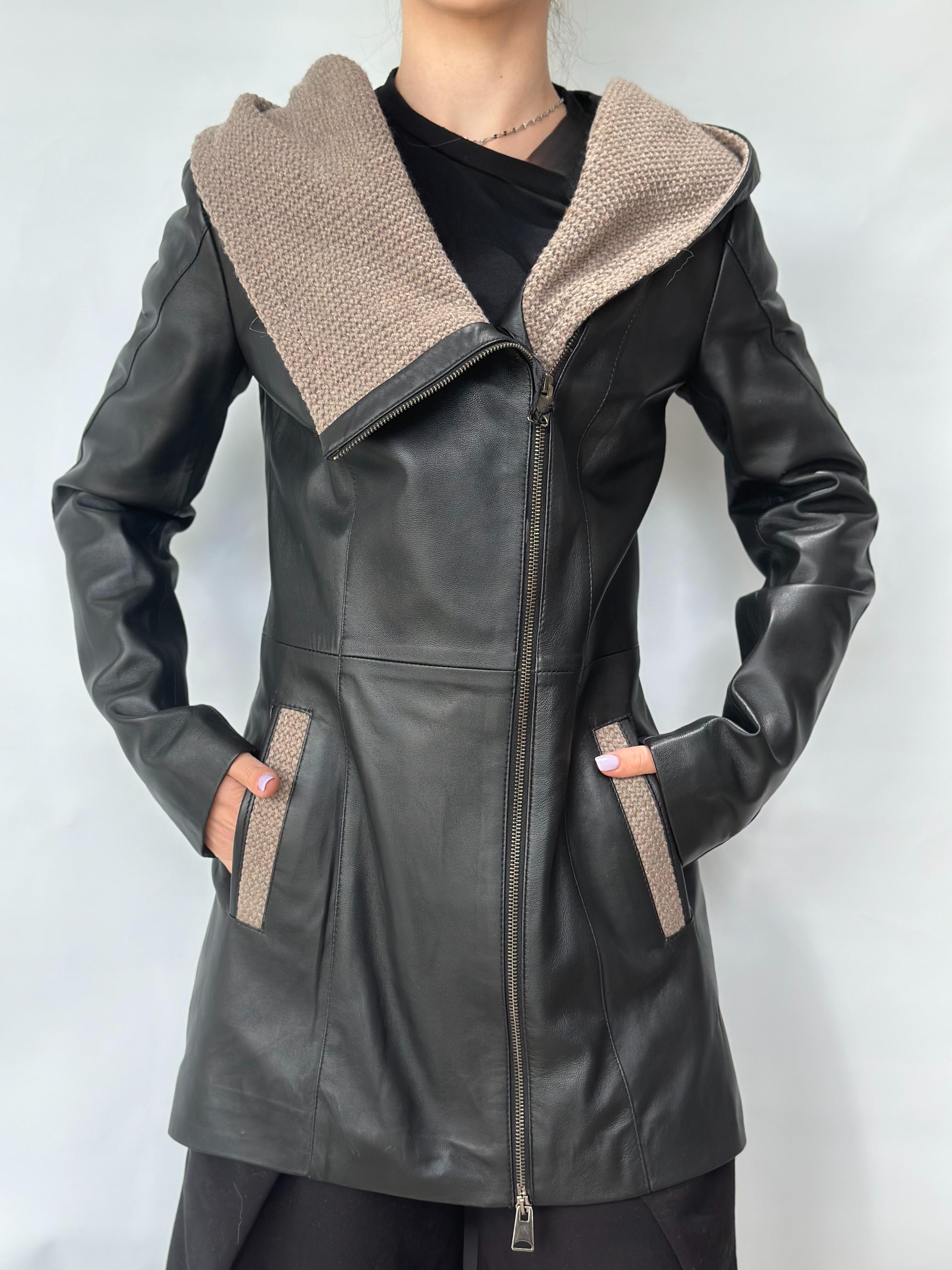 Black Leather Coat Hooded Knit Detail
