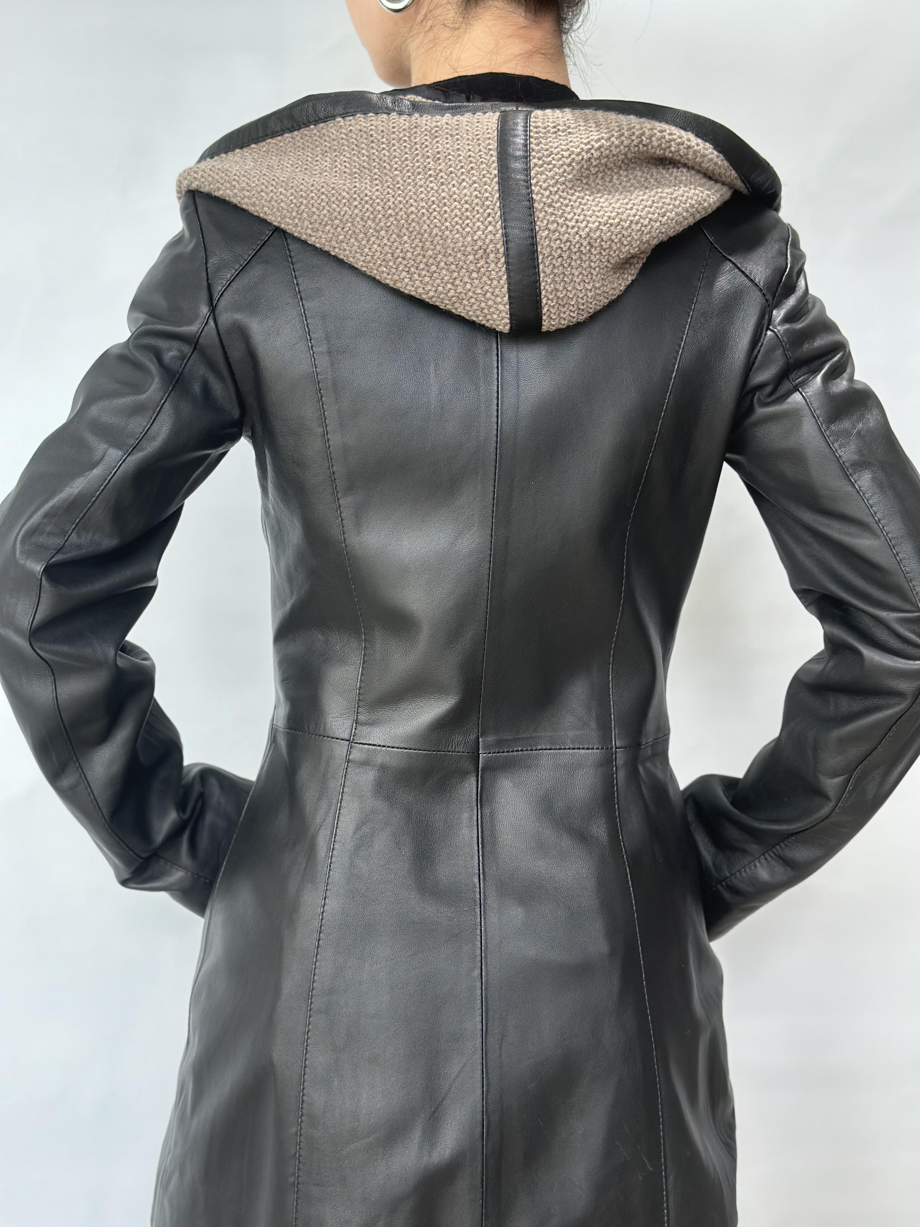 Black Leather Coat Hooded Knit Detail