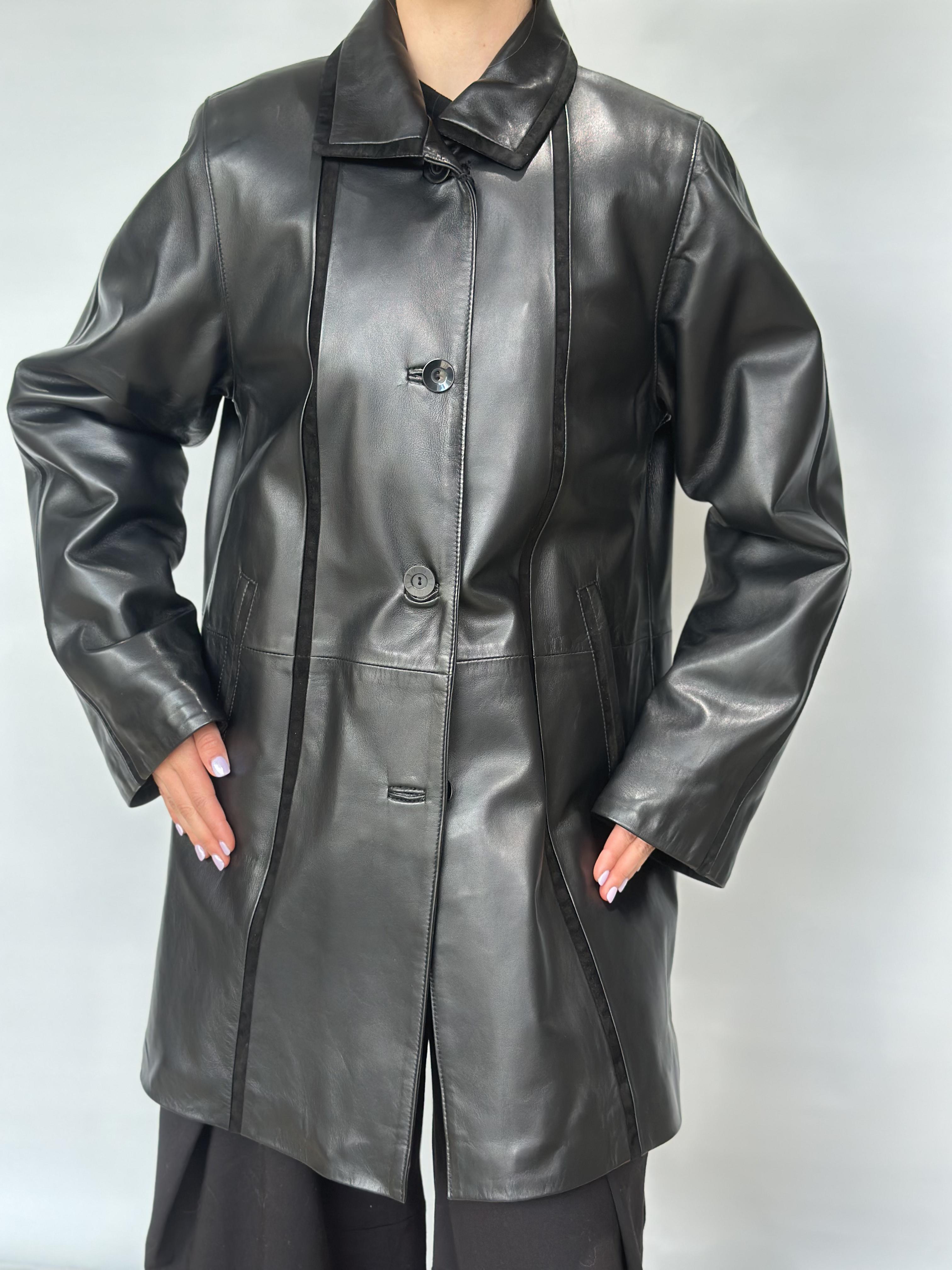 Black Leather Coat Paneled Suede Detail