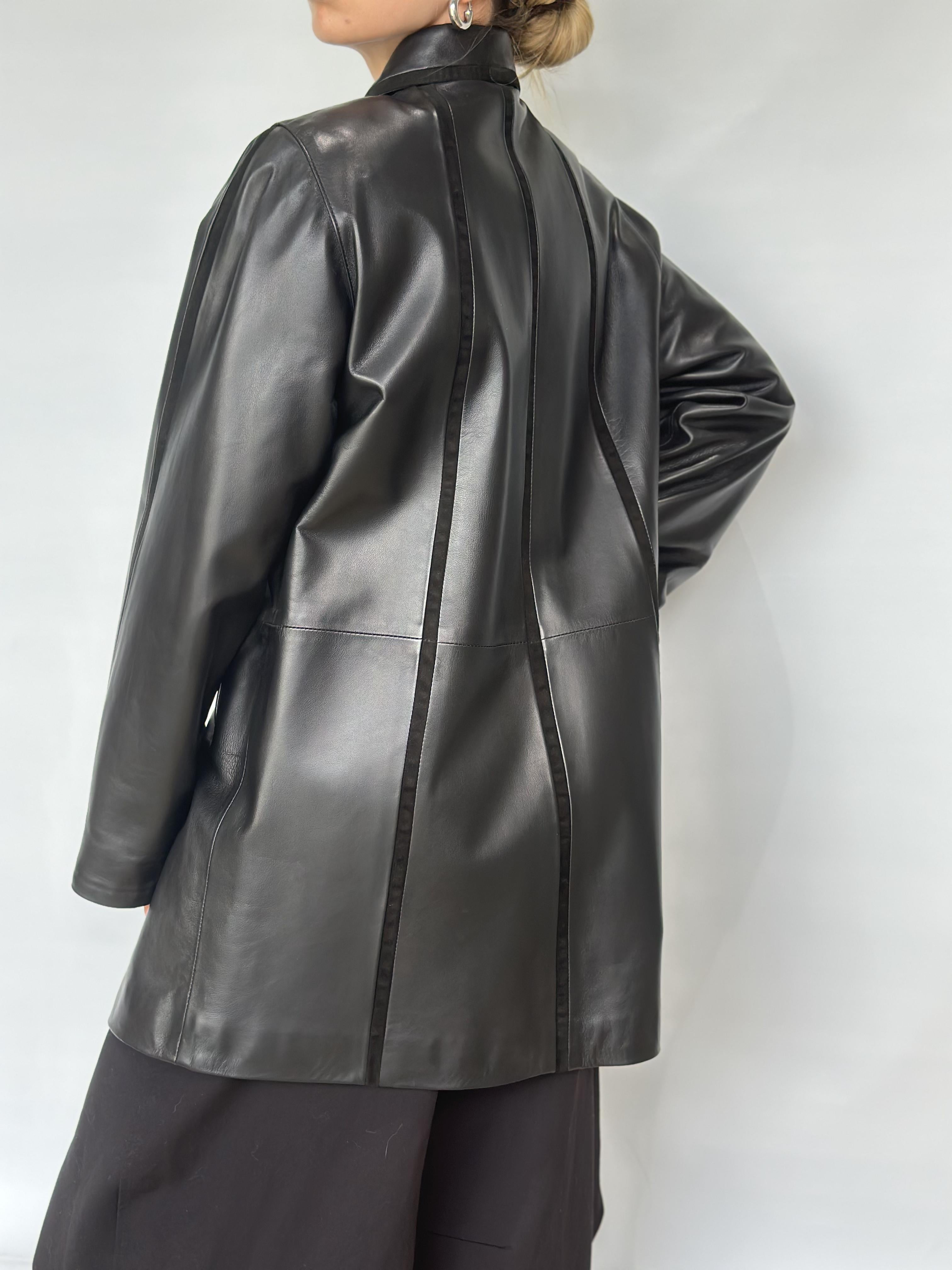 Black Leather Coat Paneled Suede Detail
