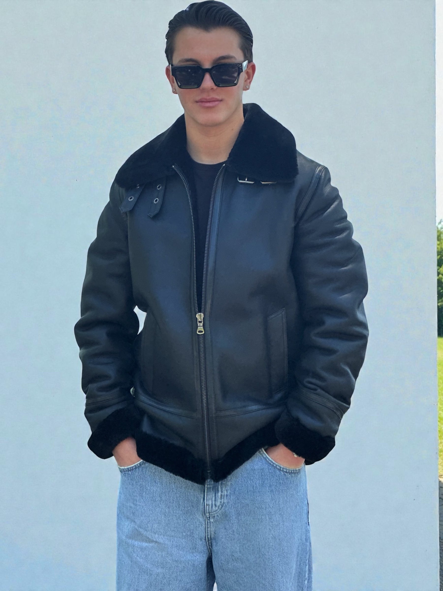 Black Leather Fur Trim Biker Jacket