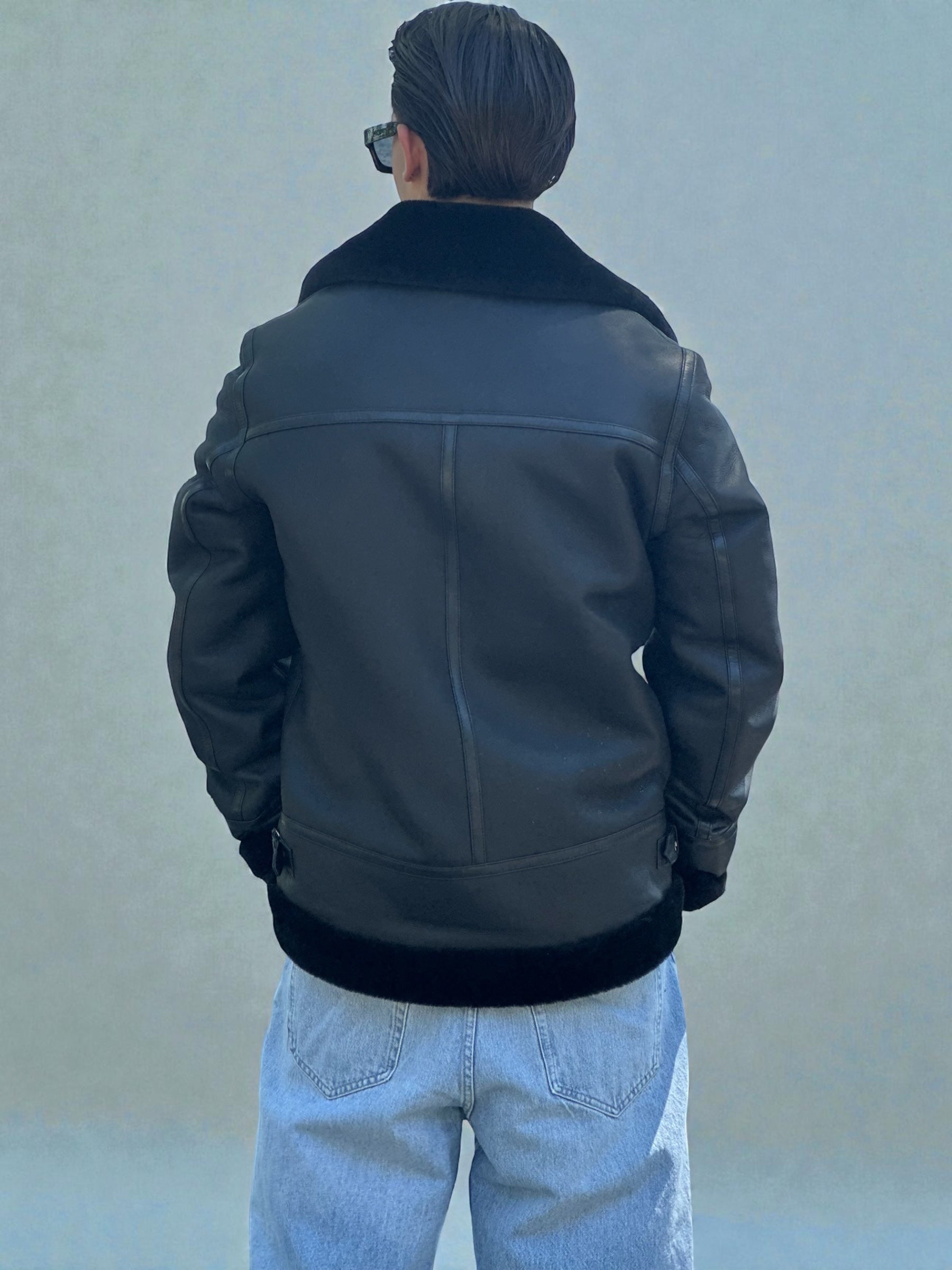Black Leather Fur Trim Biker Jacket