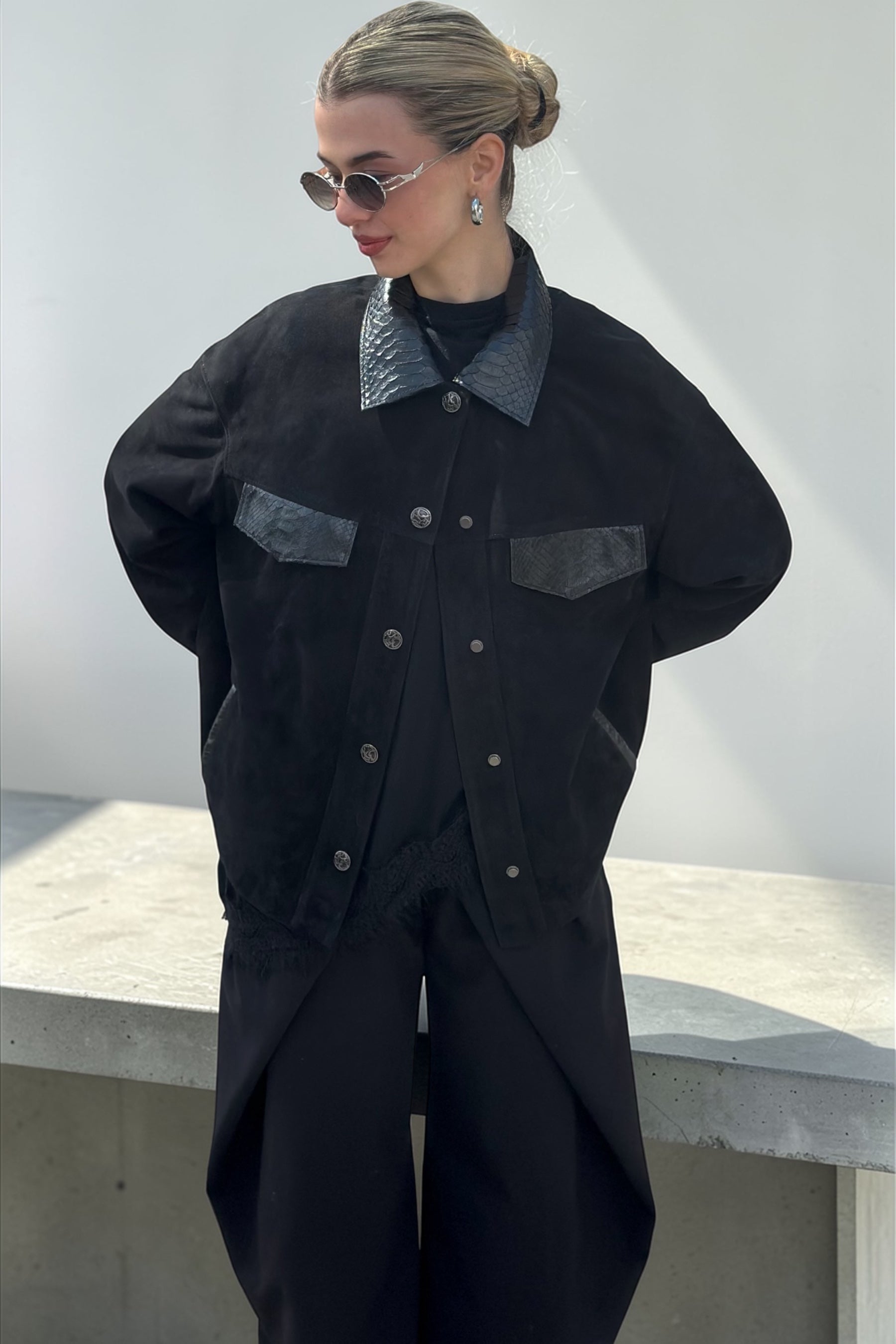 Black Leather Jacket Croc-Embossed Trim