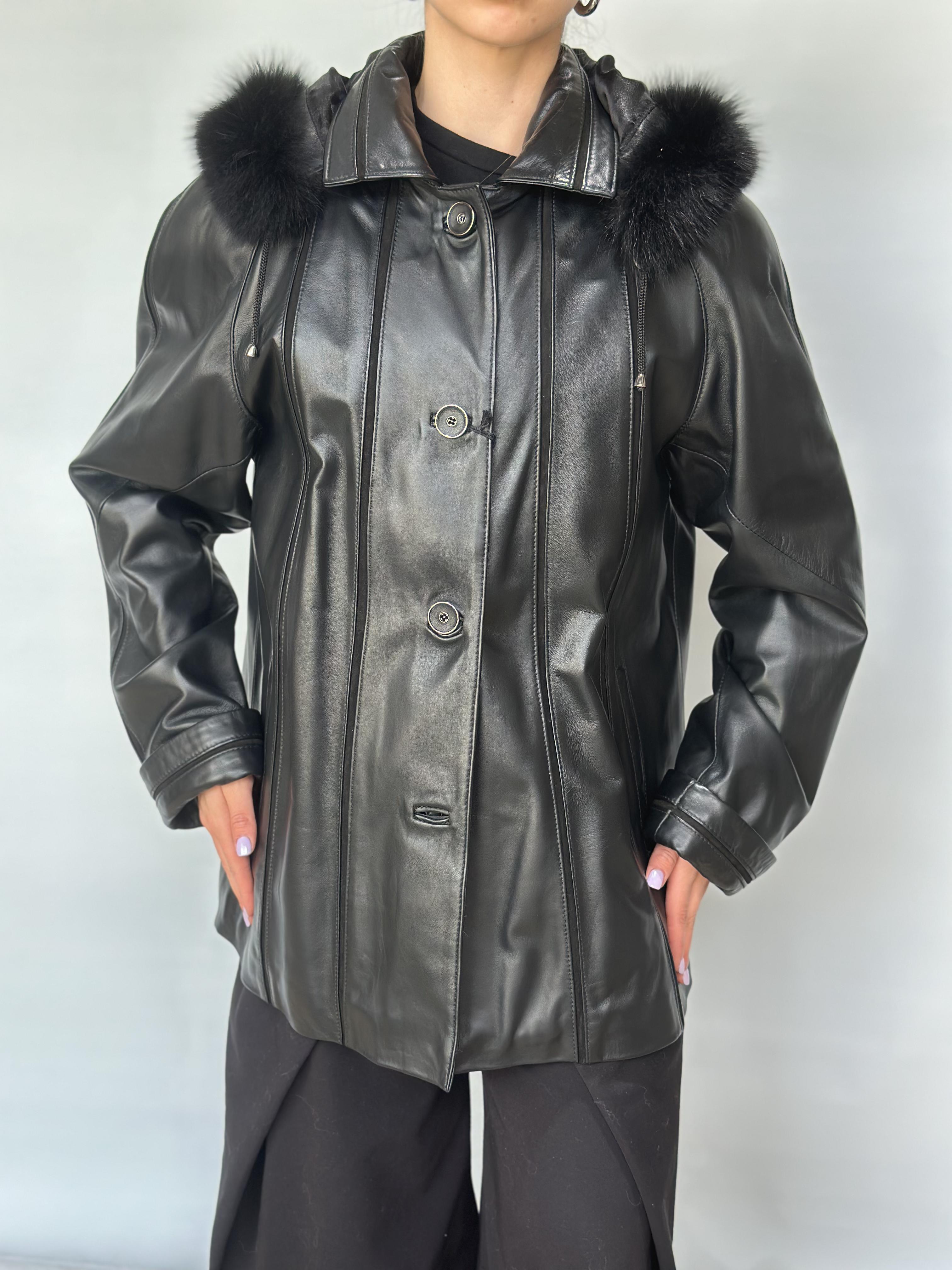Black Leather Jacket Hooded Fur Trim