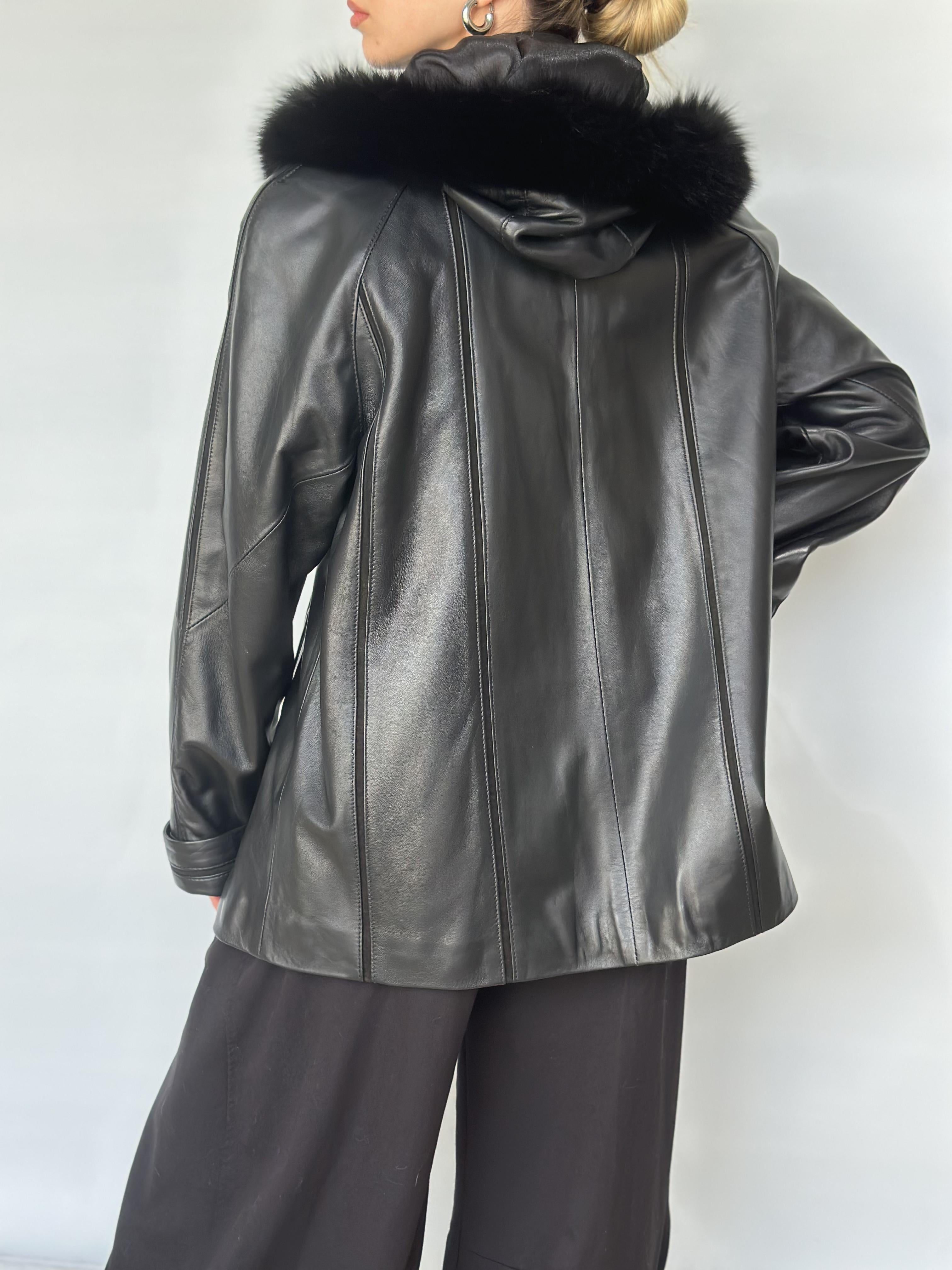Black Leather Jacket Hooded Fur Trim