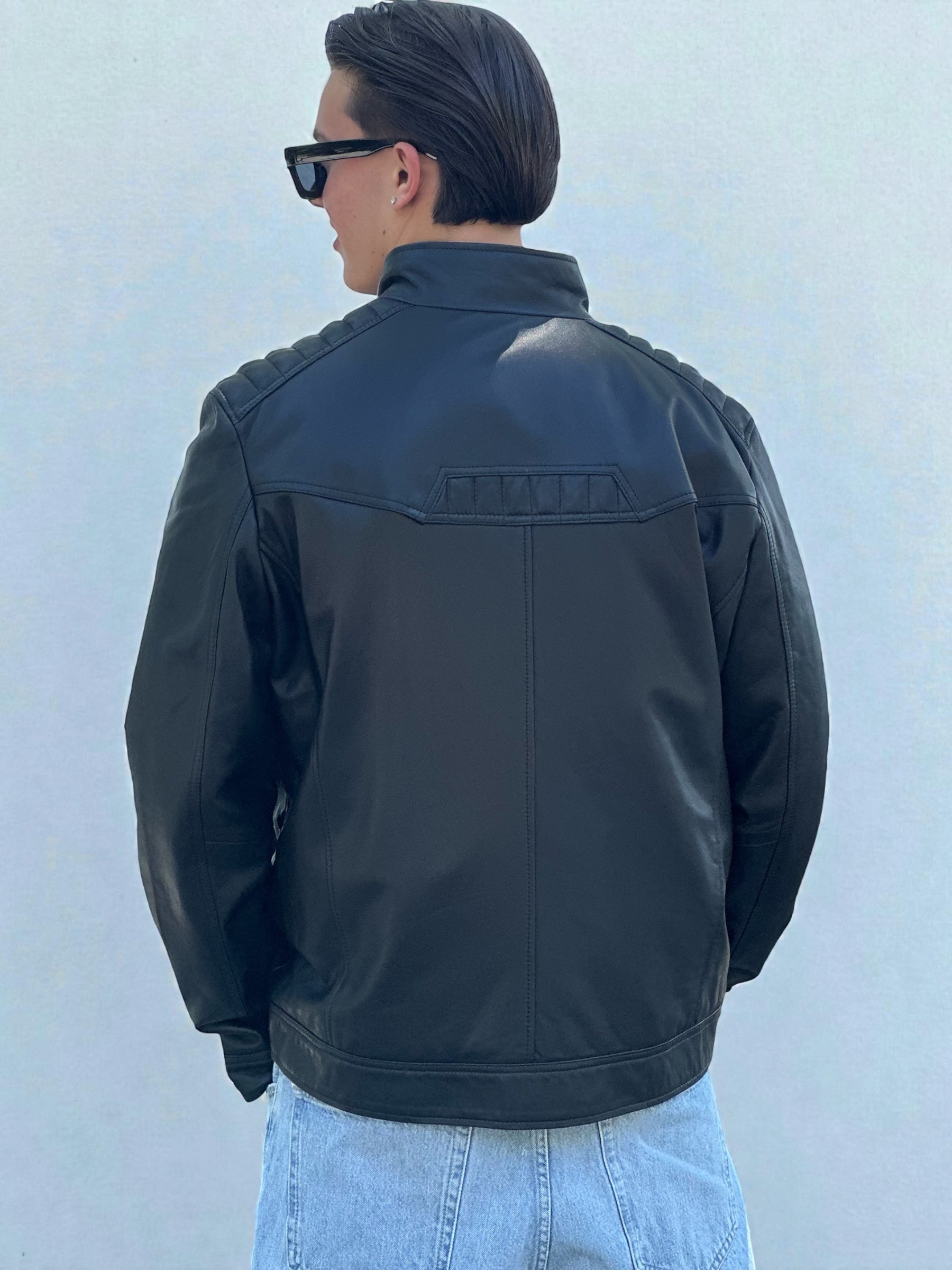 Black Leather Jacket Quilted Shoulder Panels