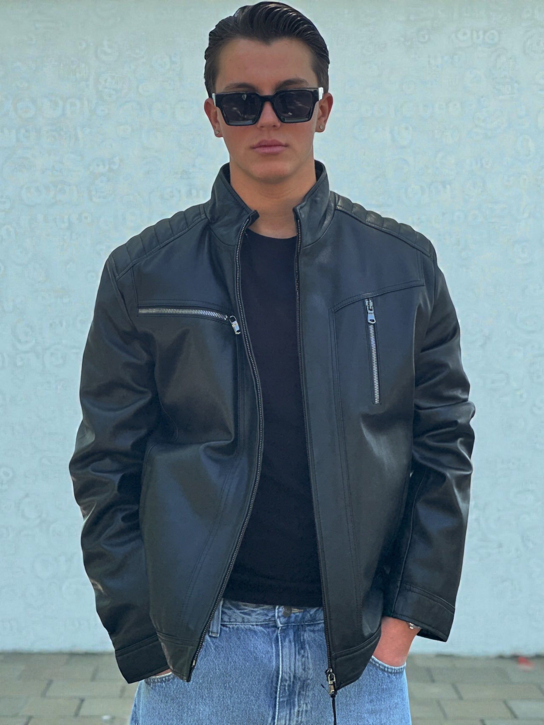 Black Leather Jacket Quilted Shoulder Panels