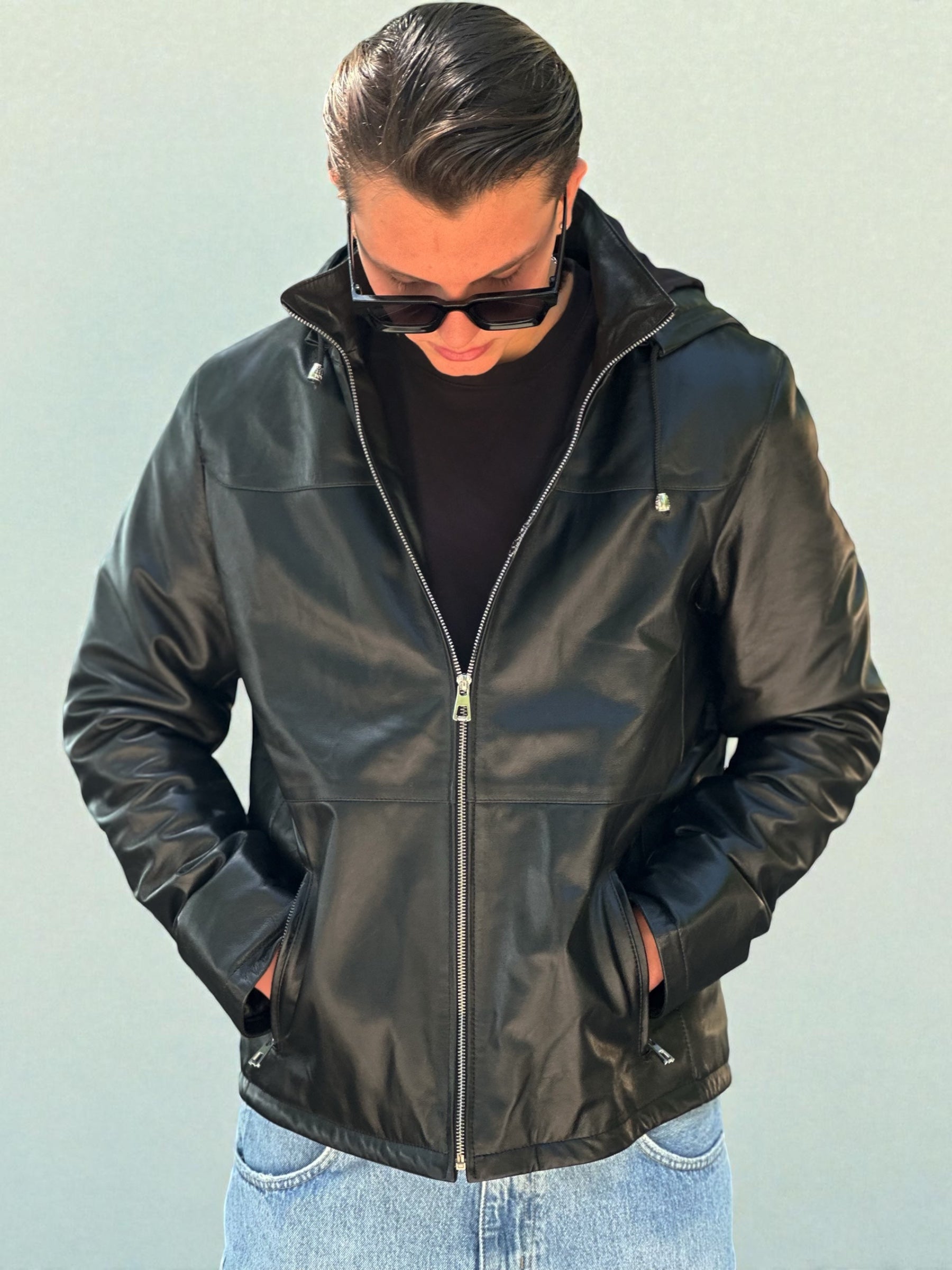 Black Leather Jacket With Detachable Hood