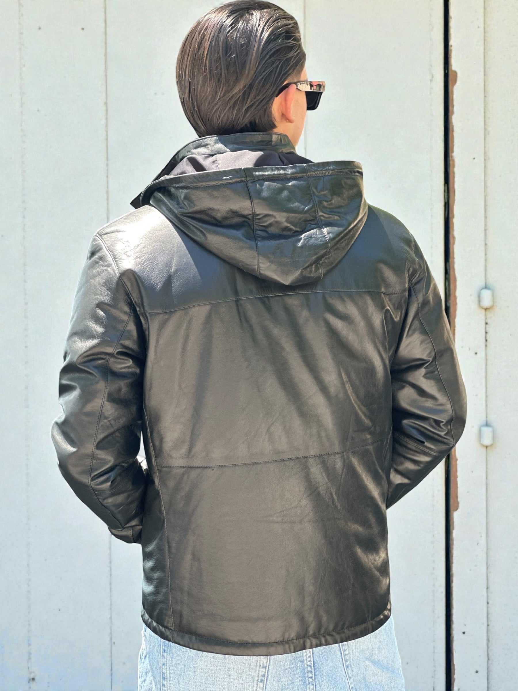 Black Leather Jacket With Detachable Hood