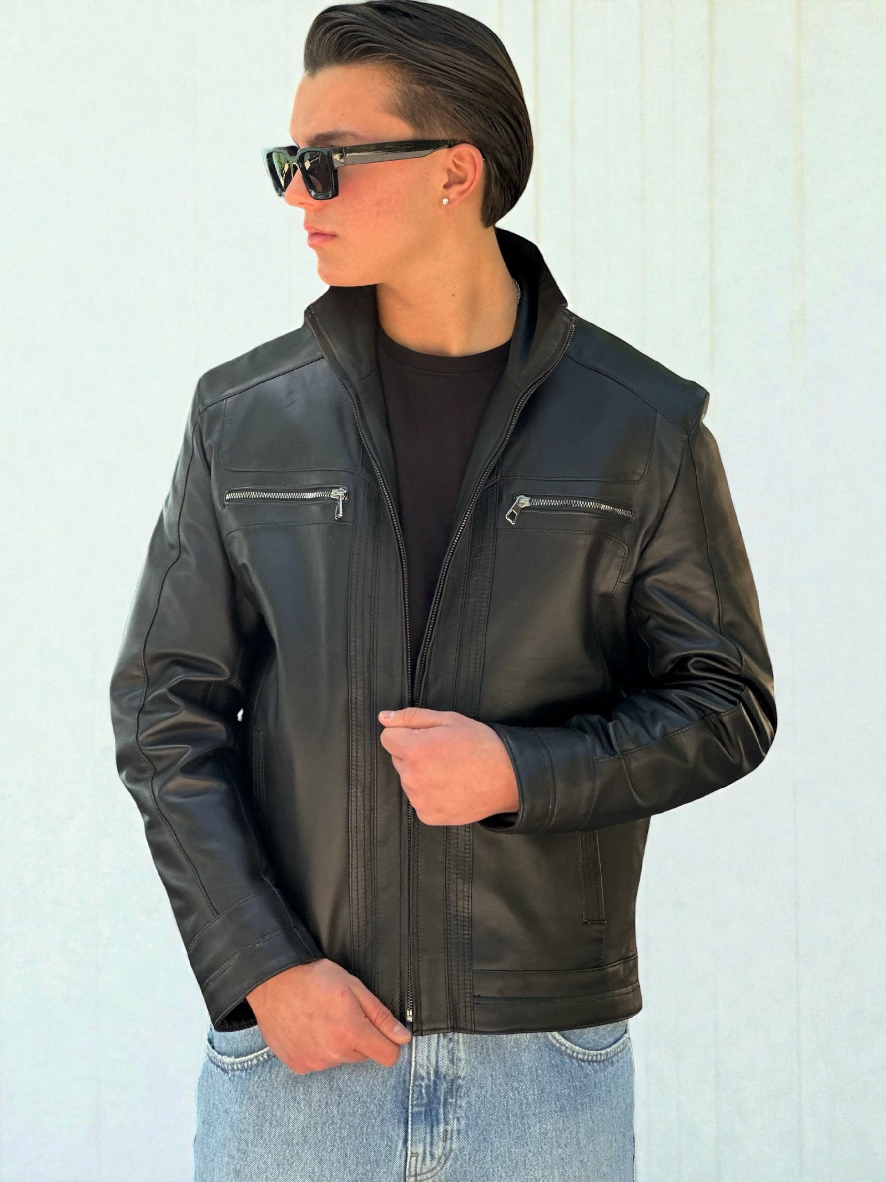 Black Leather Jacket With Zip Pockets