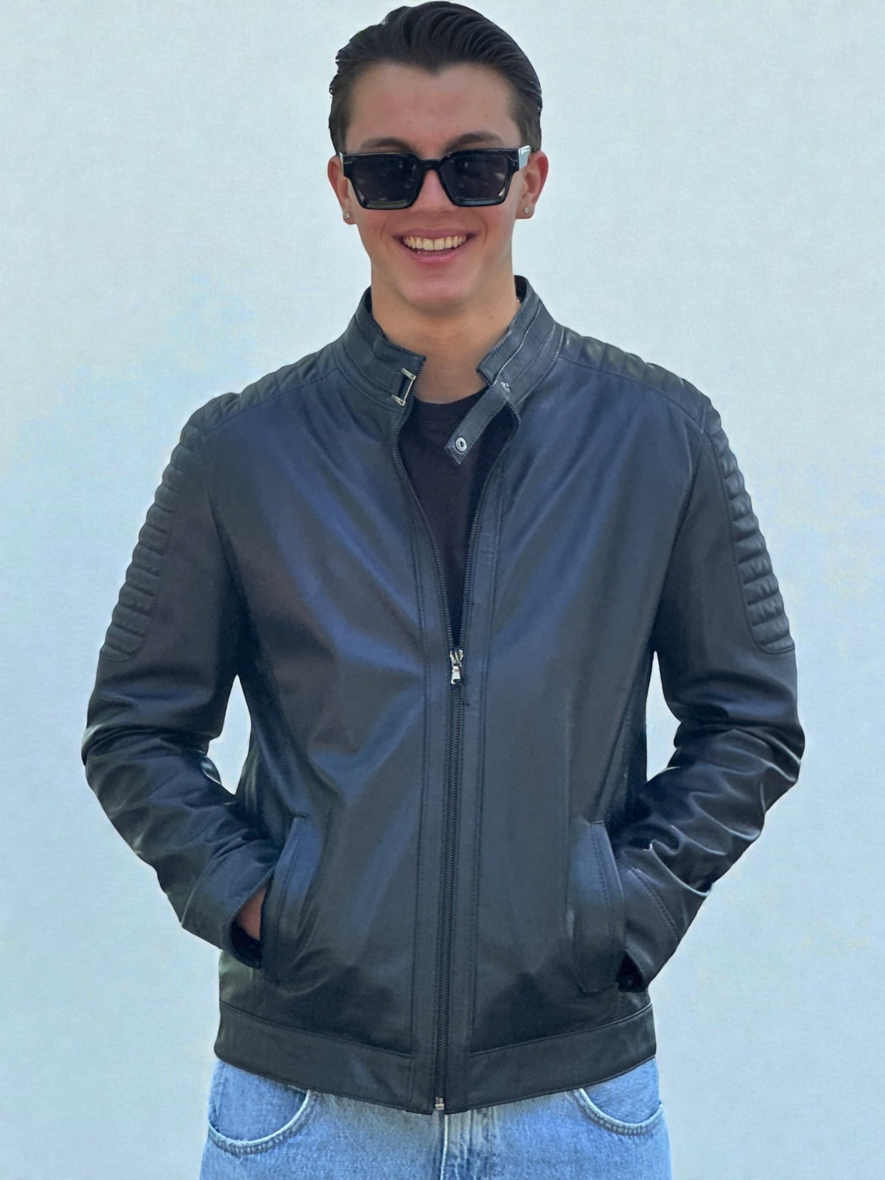 Navy Blue Leather Racer Jacket Quilted Shoulders