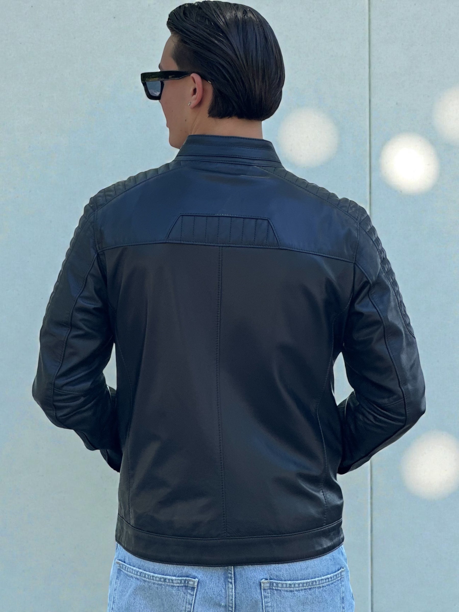 Navy Blue Leather Racer Jacket Quilted Shoulders
