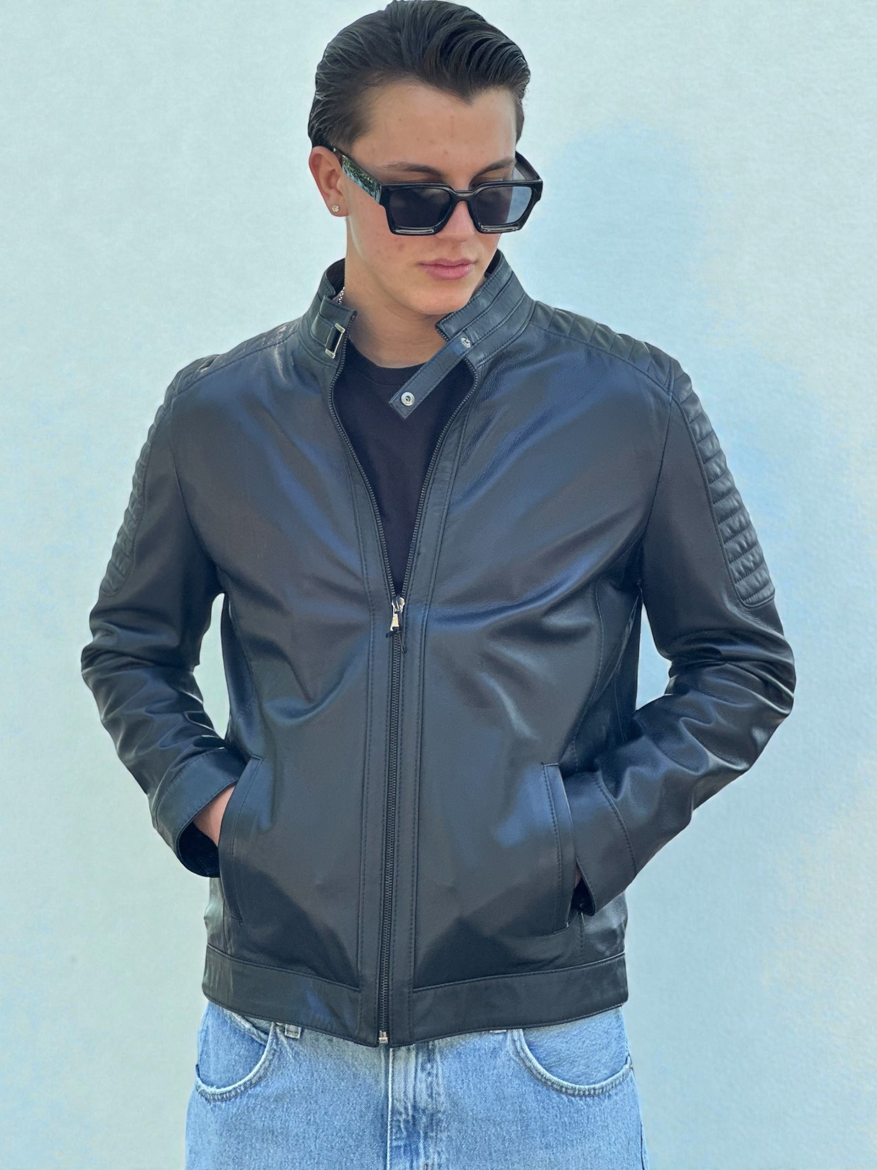 Navy Blue Leather Racer Jacket Quilted Shoulders