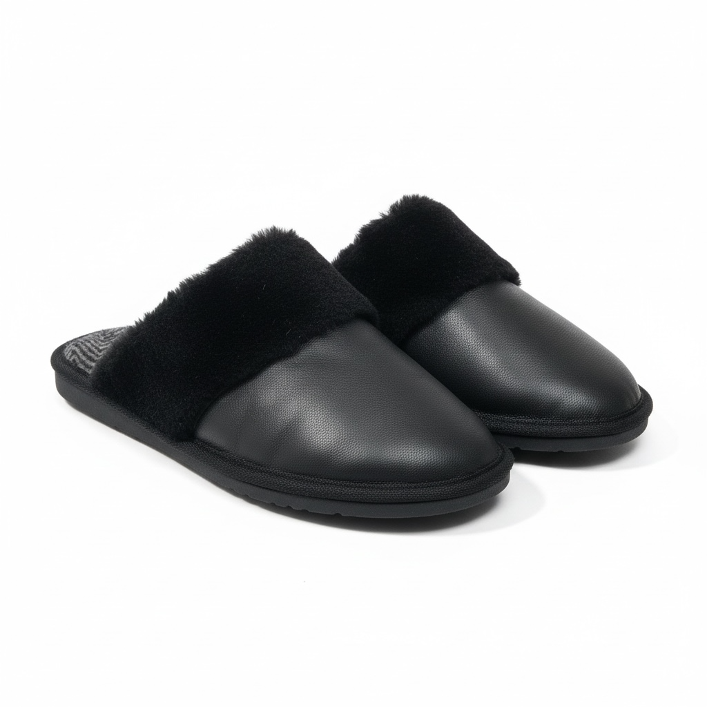 Black Leather Slippers with Mink Fur Trim
