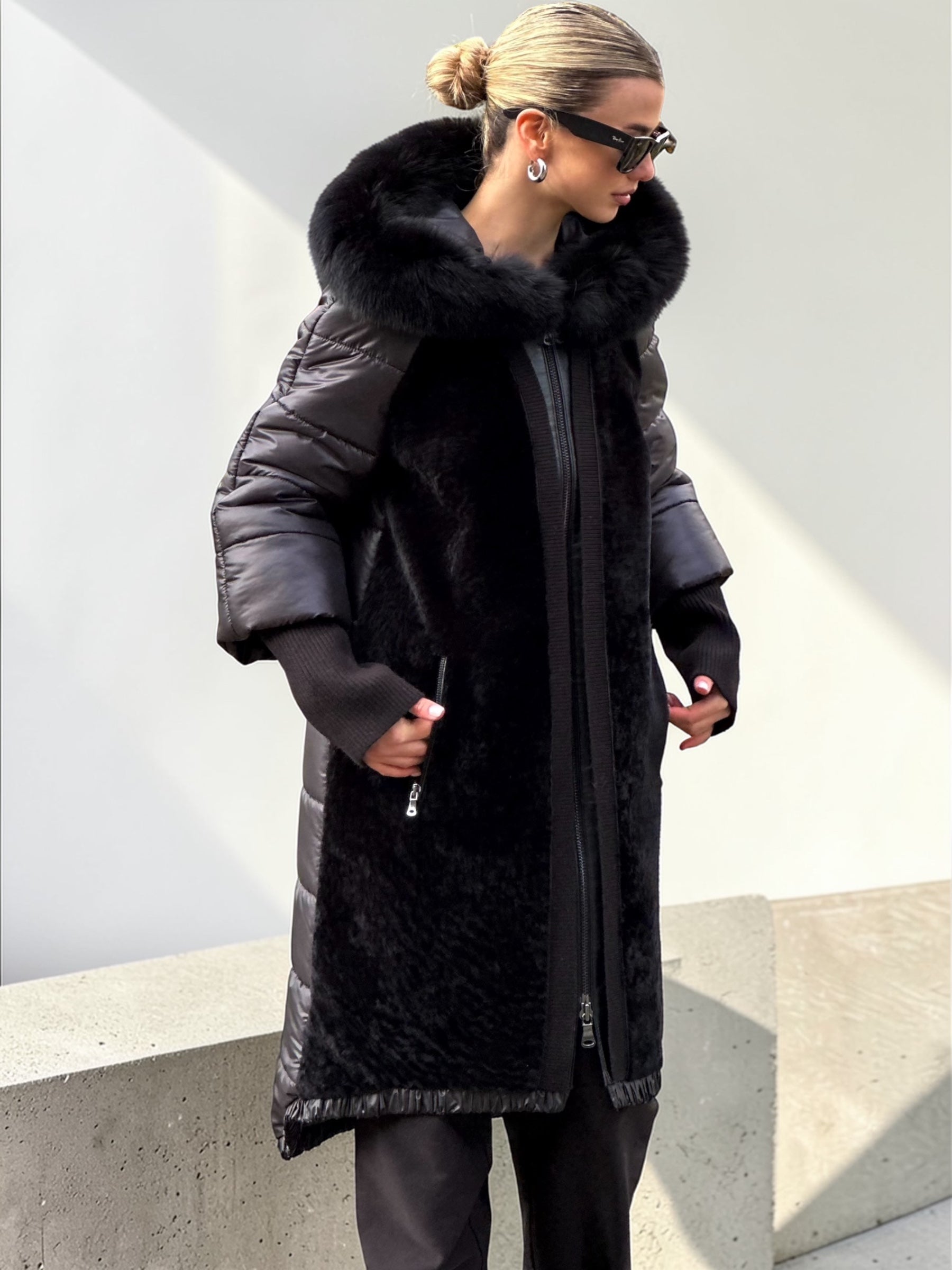 Black Mouton Coat with Fur Collar