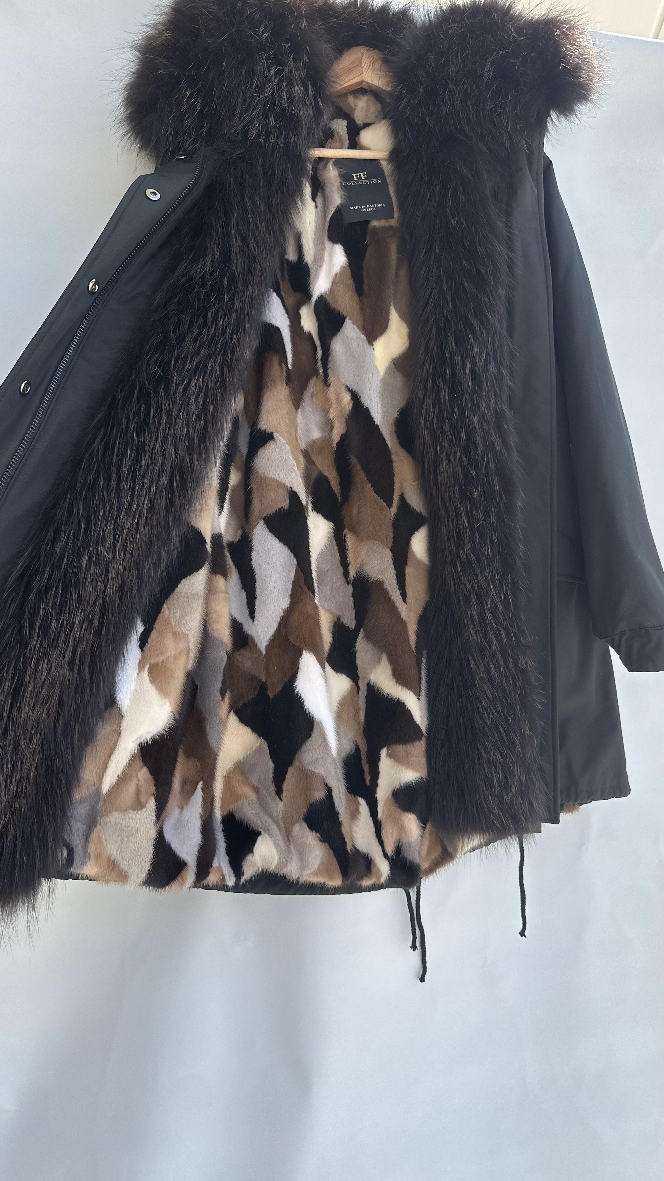 Black Parka with Fox Collar and Mink Lining