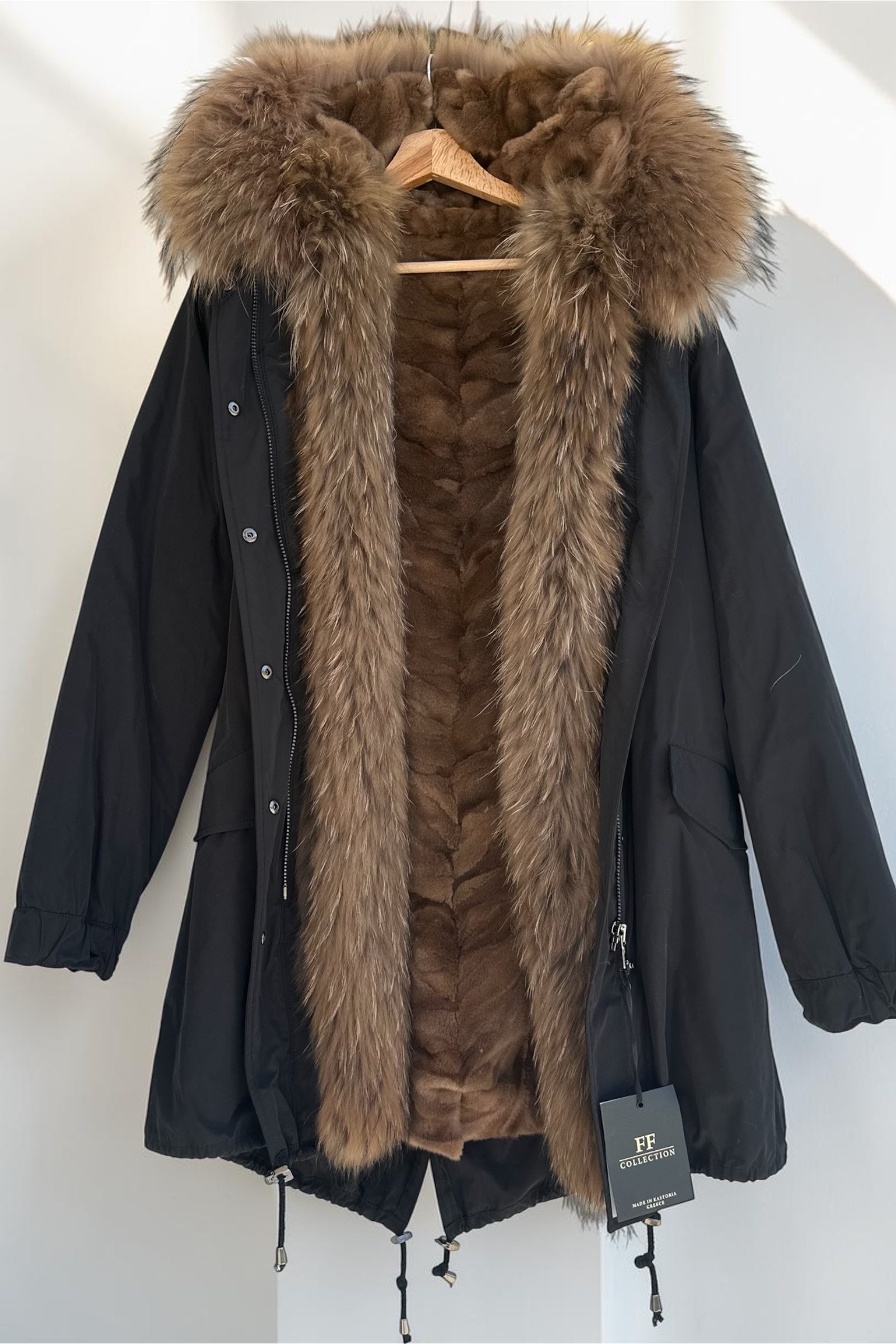 Black Parka with Raccoon Collar and Mink Lining